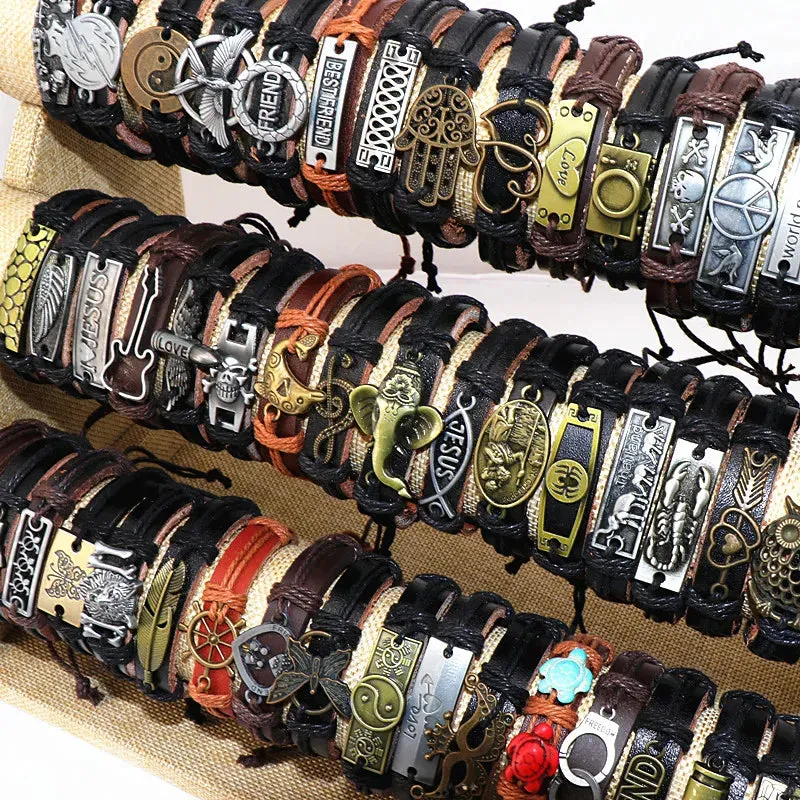 10Pcs/lot Vintage Leather Adjustable Bracelets Bangle For Women Men Mix Style Adjustable Fashion Jewelry Party Gifts