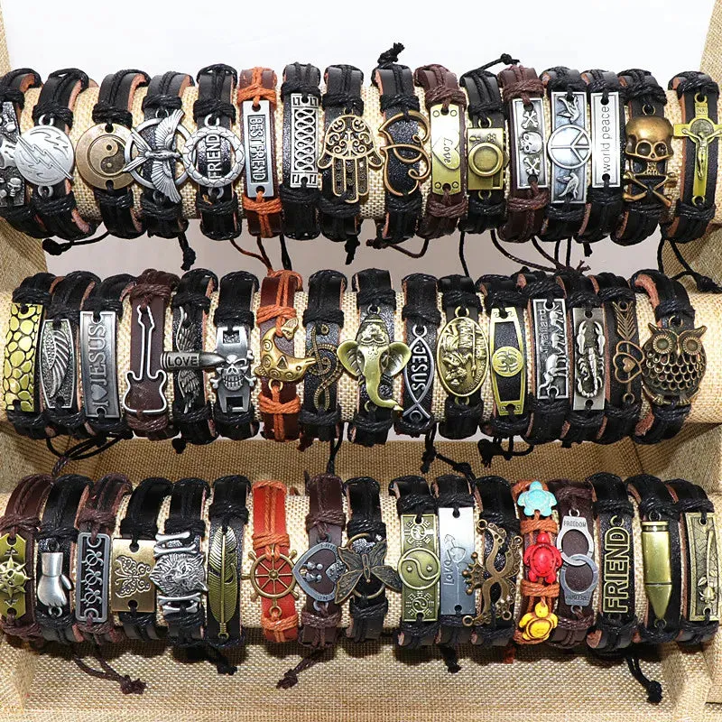 10Pcs/lot Vintage Leather Adjustable Bracelets Bangle For Women Men Mix Style Adjustable Fashion Jewelry Party Gifts