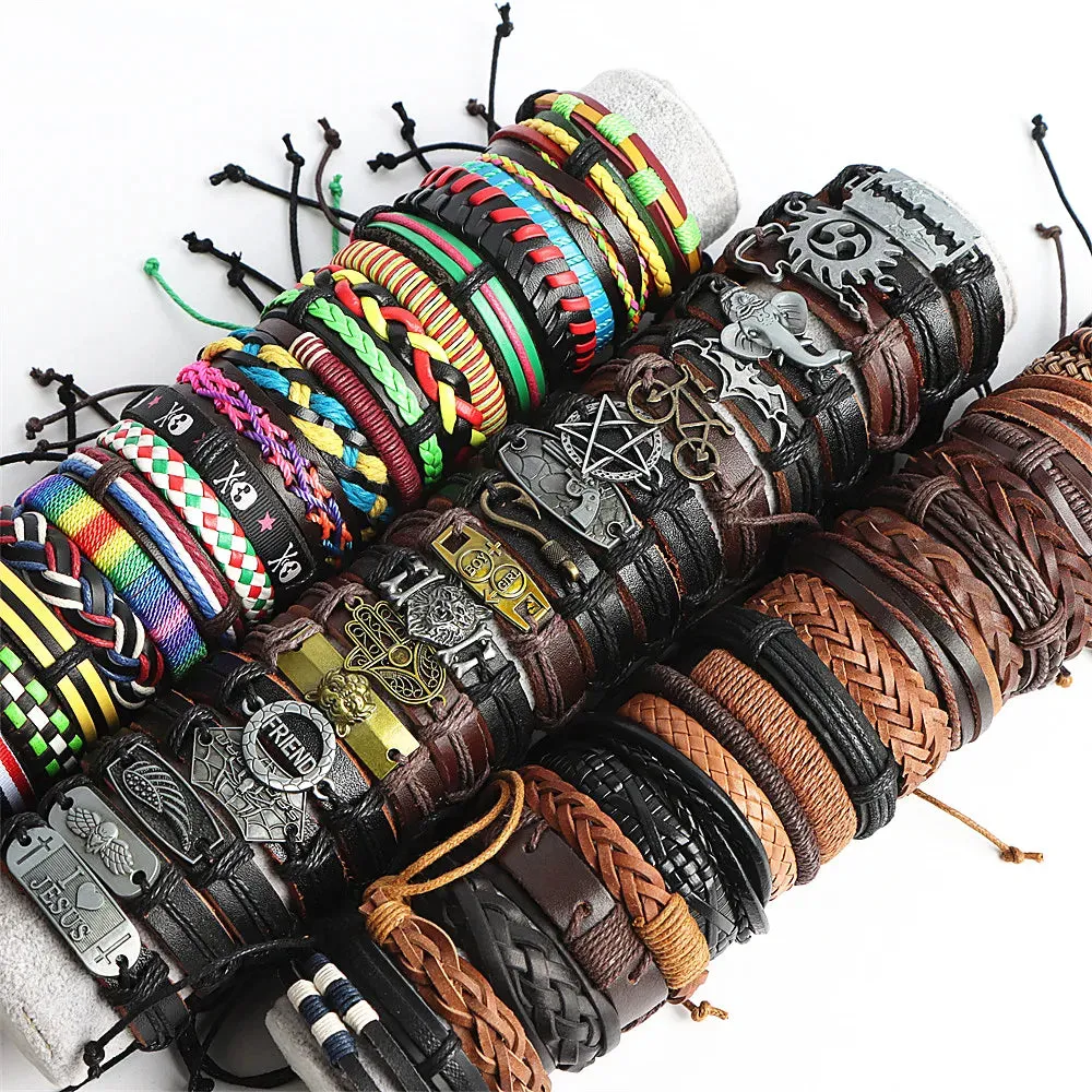 10Pcs/lot Vintage Leather Adjustable Bracelets Bangle For Women Men Mix Style Adjustable Fashion Jewelry Party Gifts