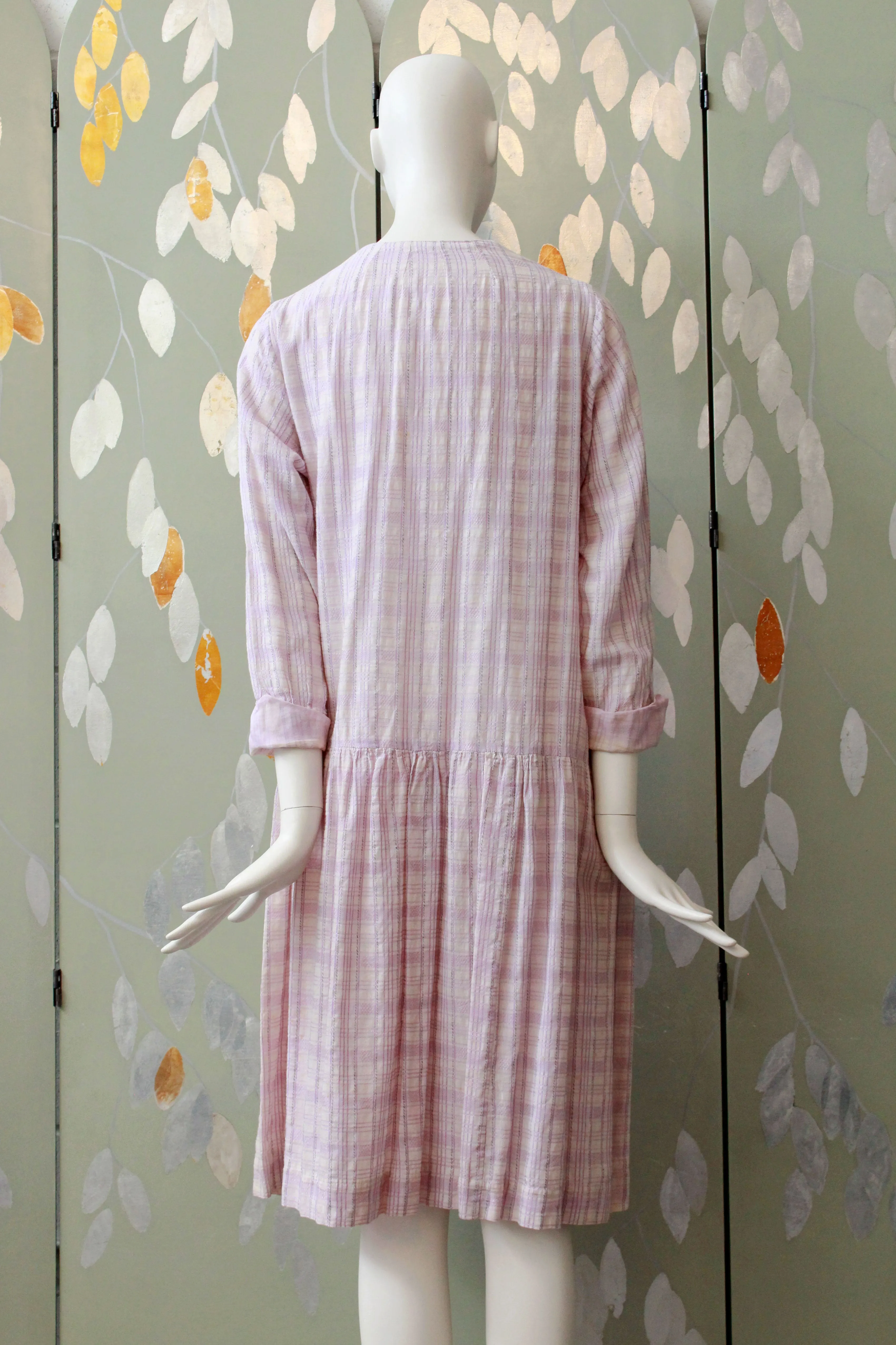 1920s Lavender Check Weave Dress, V -Neck Collar Summer Day Dress, Purple Plaid, Medium As-Is