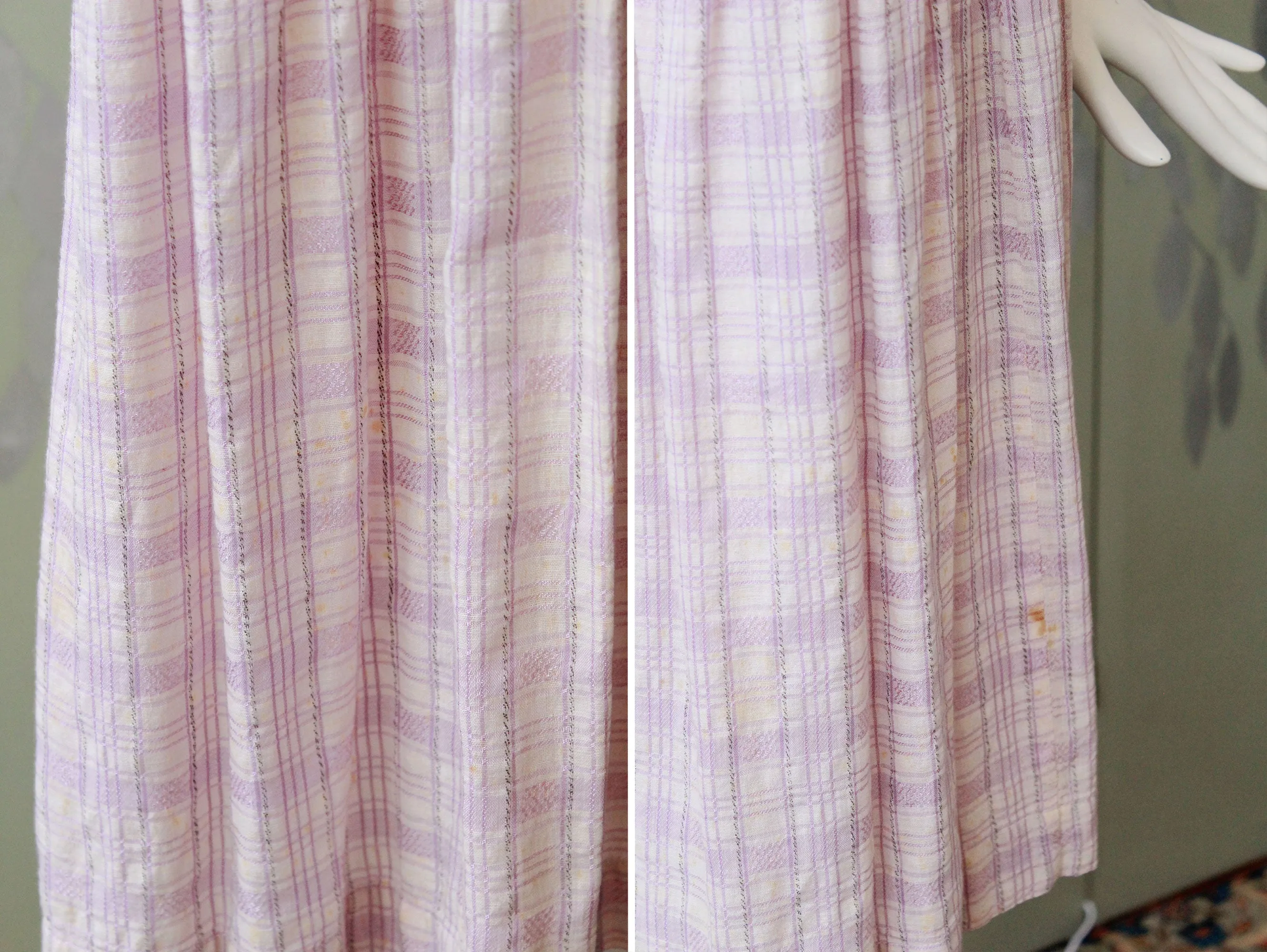 1920s Lavender Check Weave Dress, V -Neck Collar Summer Day Dress, Purple Plaid, Medium As-Is