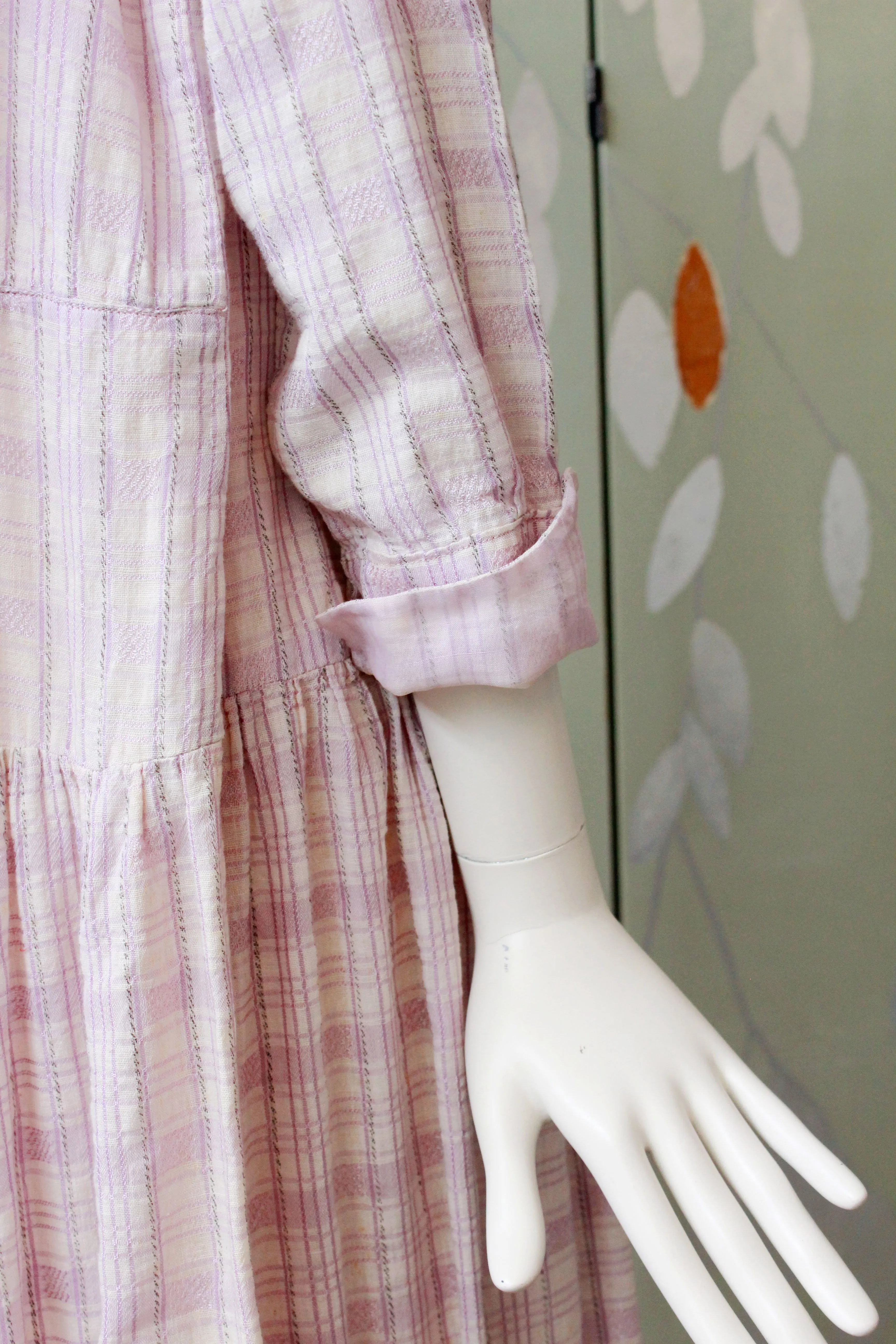 1920s Lavender Check Weave Dress, V -Neck Collar Summer Day Dress, Purple Plaid, Medium As-Is