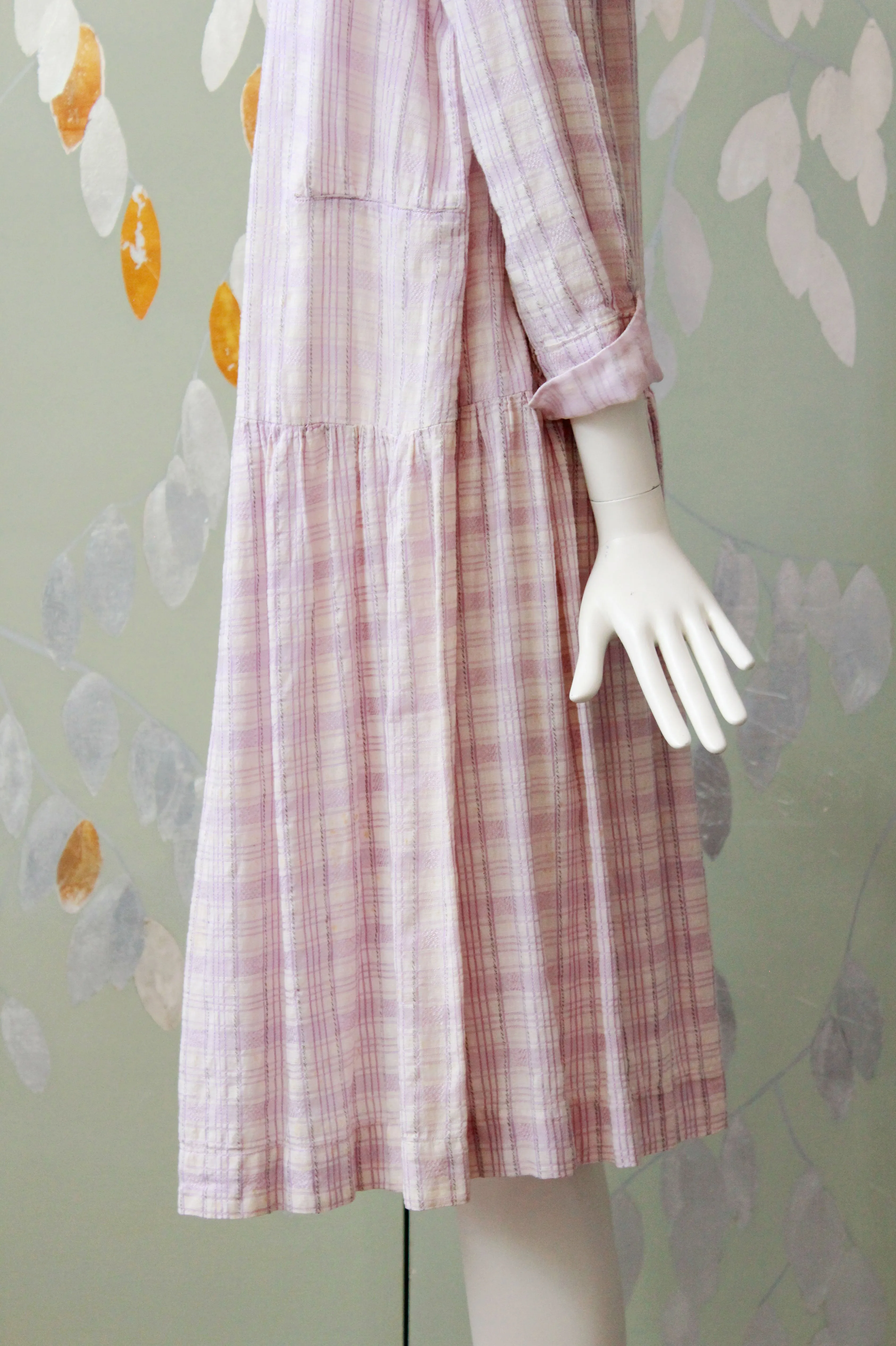 1920s Lavender Check Weave Dress, V -Neck Collar Summer Day Dress, Purple Plaid, Medium As-Is
