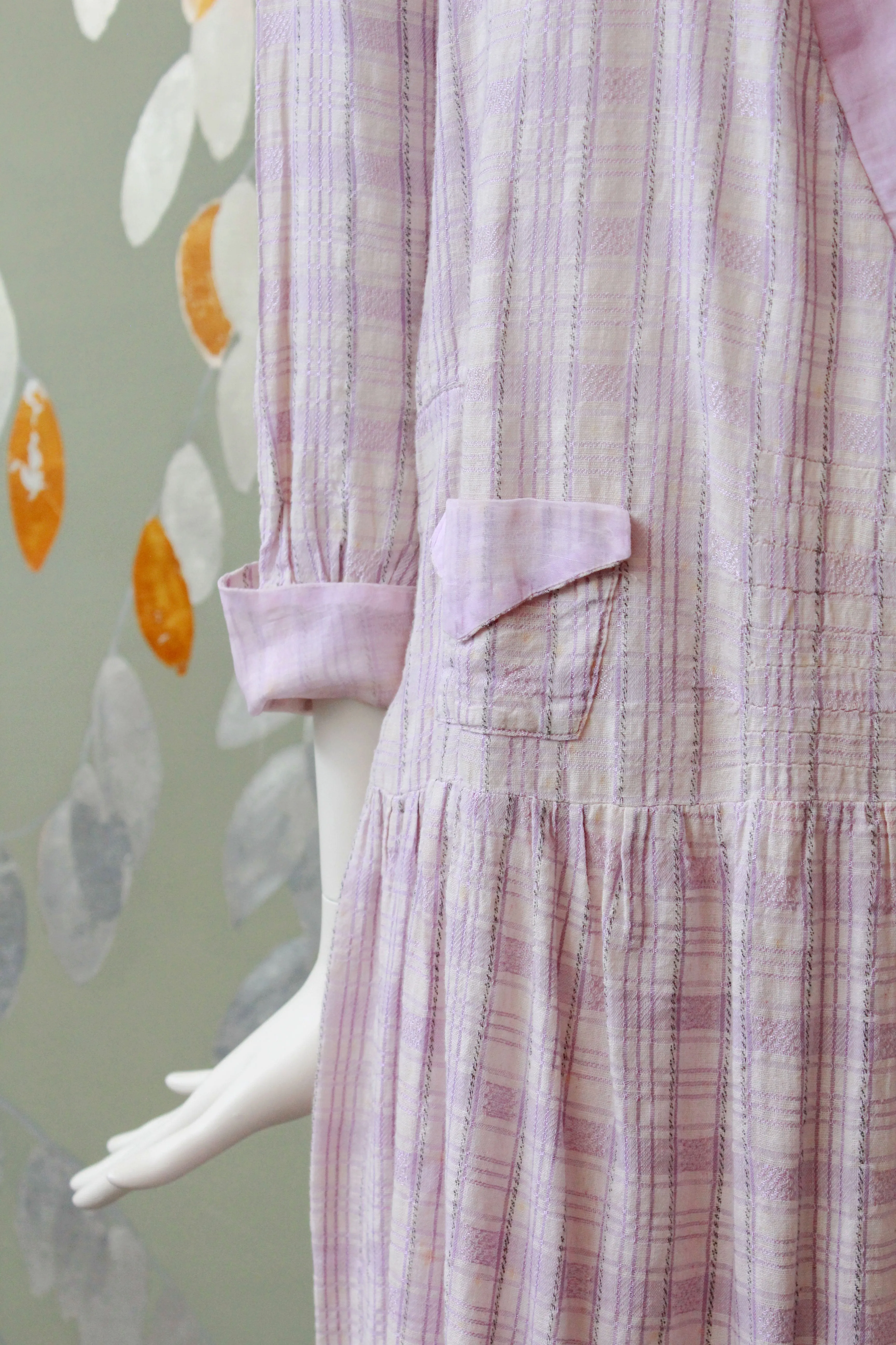 1920s Lavender Check Weave Dress, V -Neck Collar Summer Day Dress, Purple Plaid, Medium As-Is