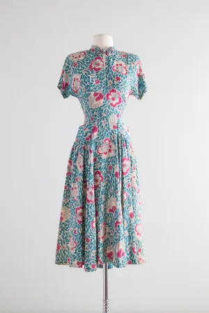 1940's Pink & Blue Rayon Floral Print Dress / Waist 26"