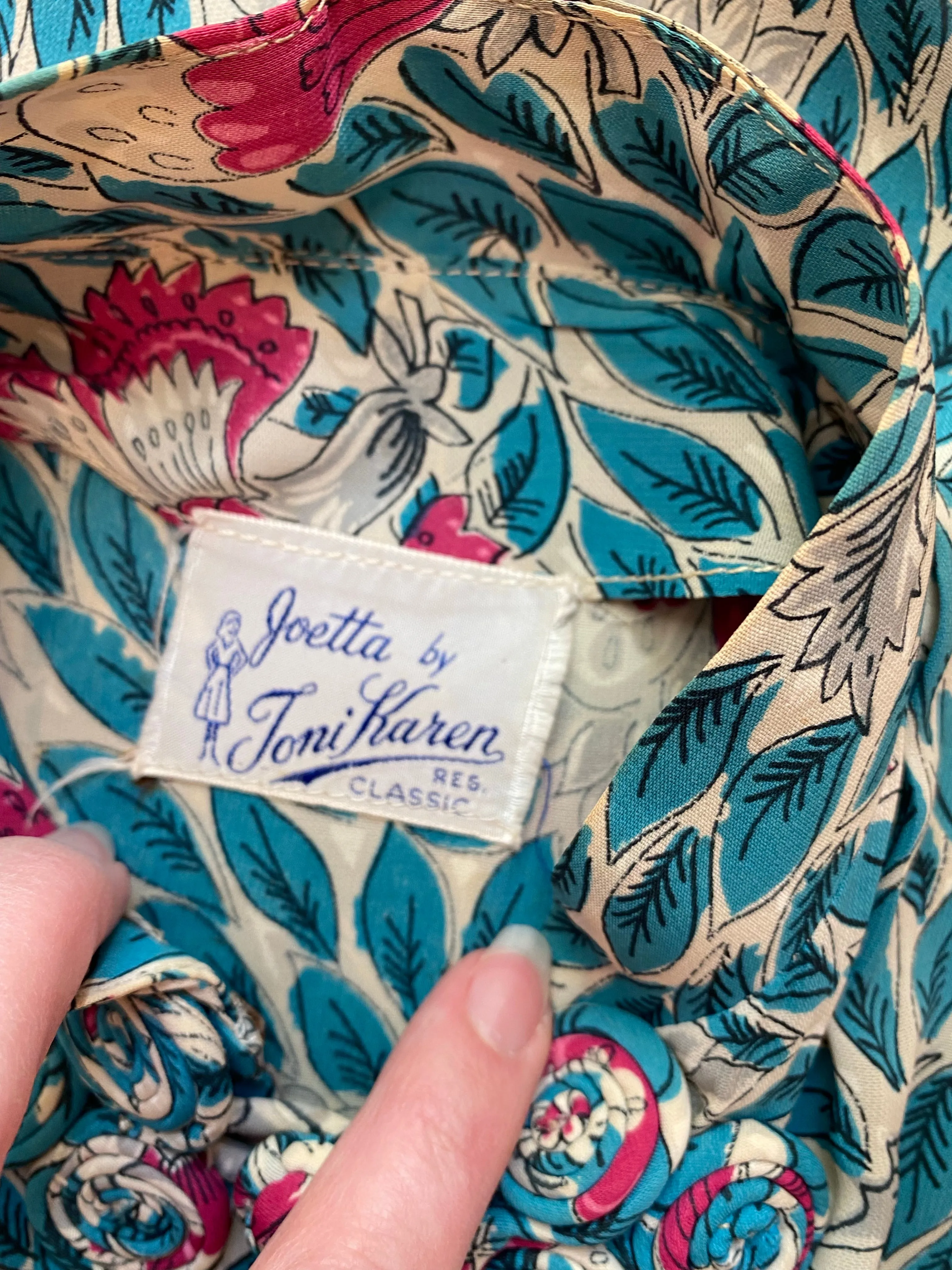 1940's Pink & Blue Rayon Floral Print Dress / Waist 26"