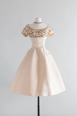 1950's Ivory Peau De Soie Beaded Evening Dress By Ceil Chapman / Waist 26