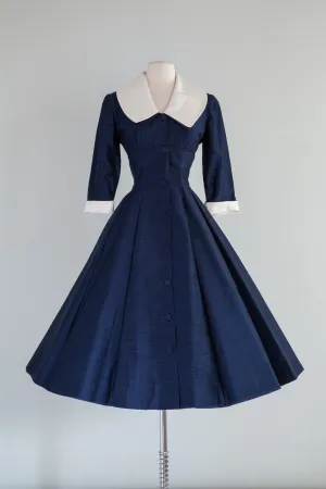 1950's Midnight Blue Silk New Look Dress By Jane Andre NOS / Waist 27