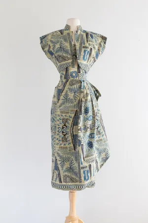 1950's Nani of Hawaii Hawaiian Print Cotton Sarong Dress with Jacket / Waist 28