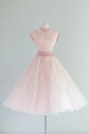 1950's Pretty In Pink Embroidered Tulle Party Dress With Big Bow / Waist 25-26