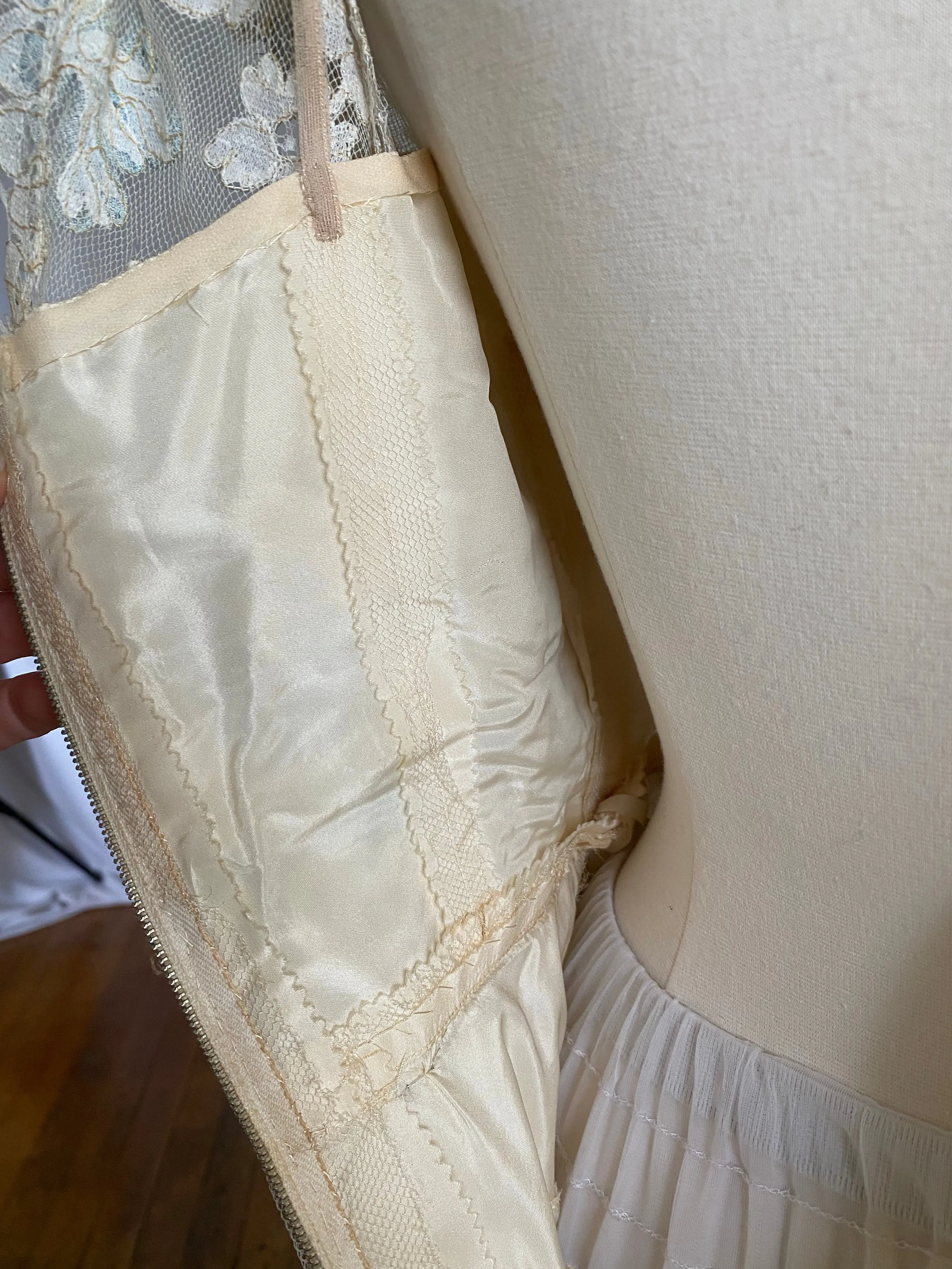 1950's Something Blue Ivory Lace Couture Cocktail Wedding Dress / Small
