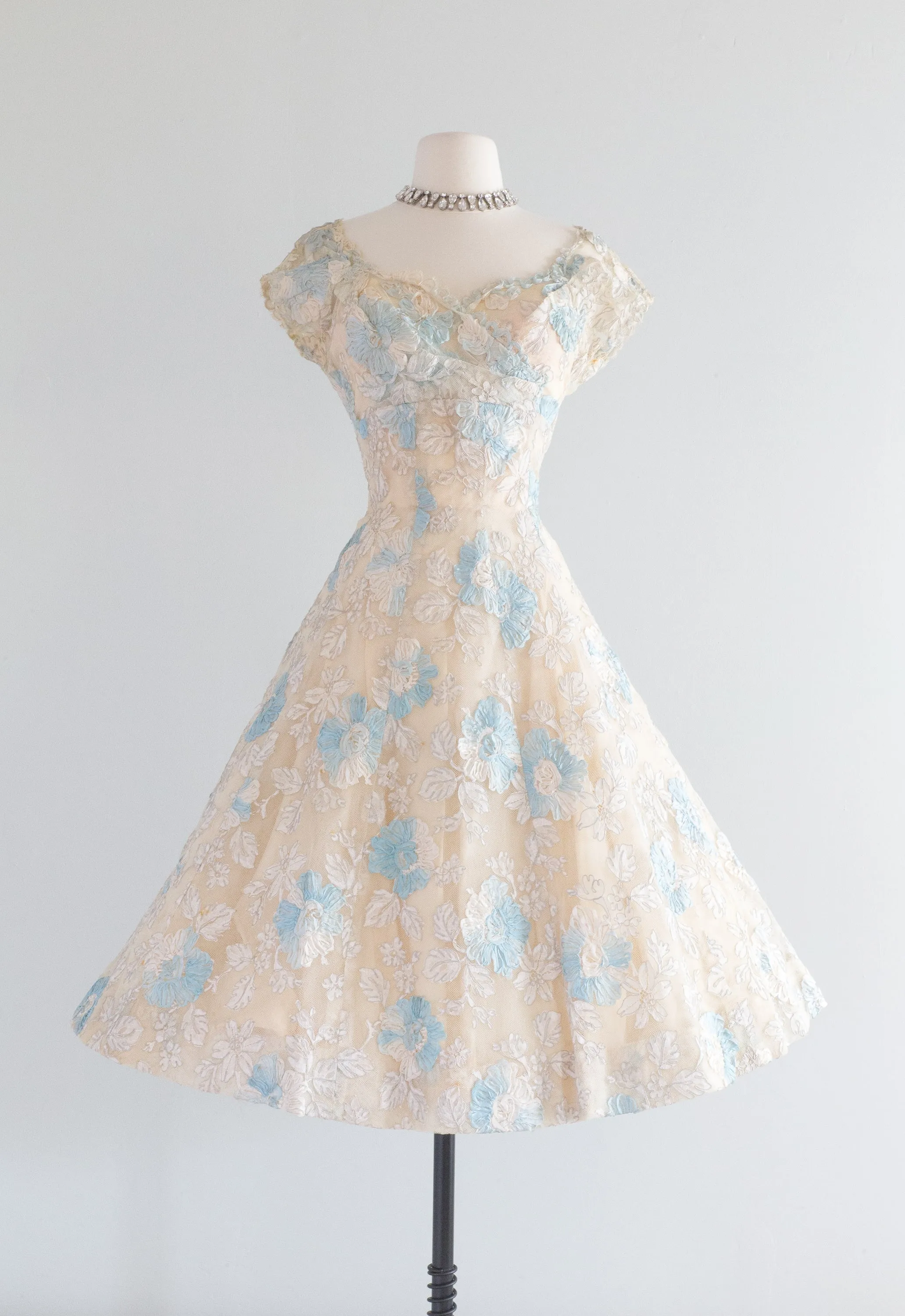 1950's Something Blue Ivory Lace Couture Cocktail Wedding Dress / Small