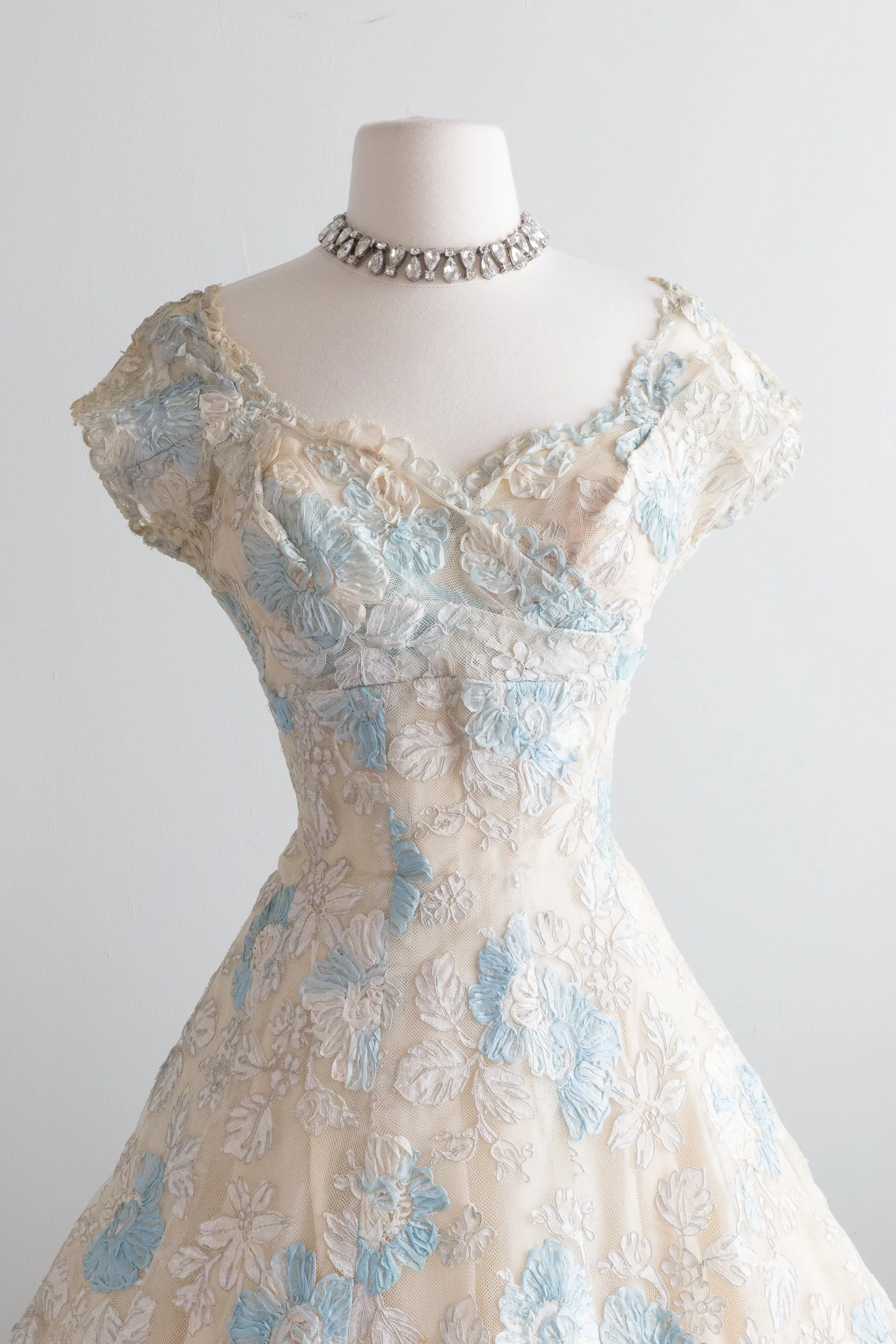 1950's Something Blue Ivory Lace Couture Cocktail Wedding Dress / Small
