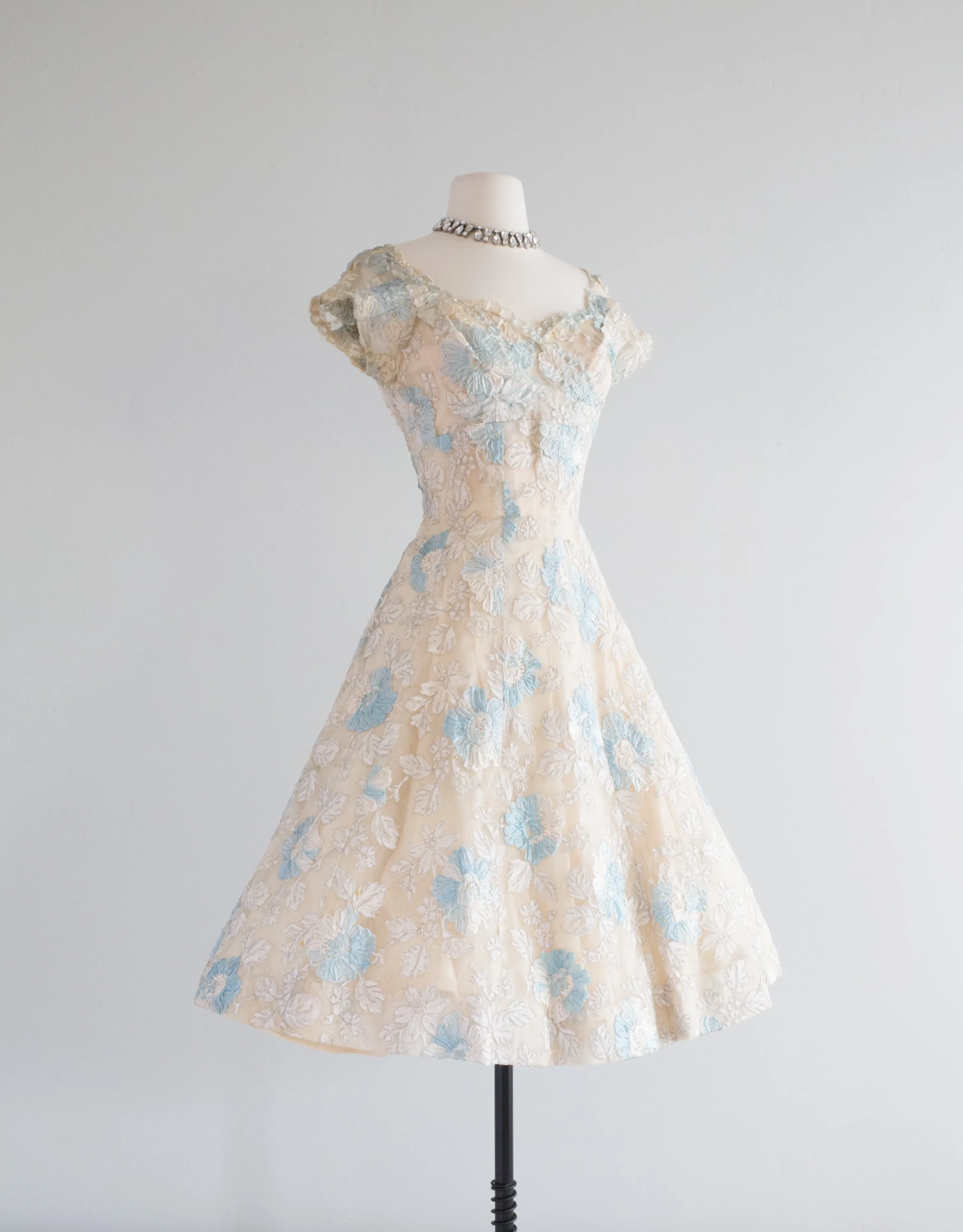 1950's Something Blue Ivory Lace Couture Cocktail Wedding Dress / Small