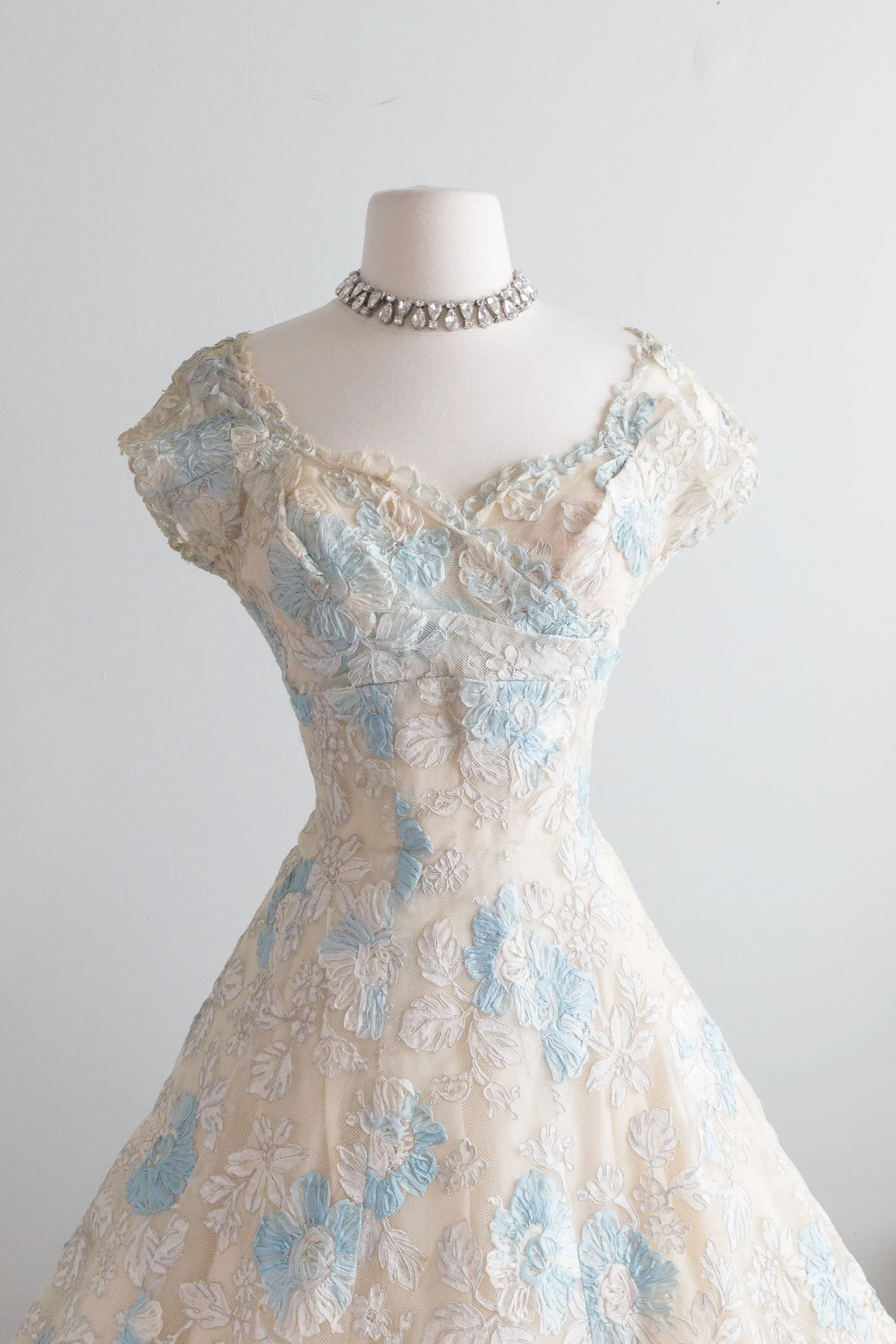 1950's Something Blue Ivory Lace Couture Cocktail Wedding Dress / Small