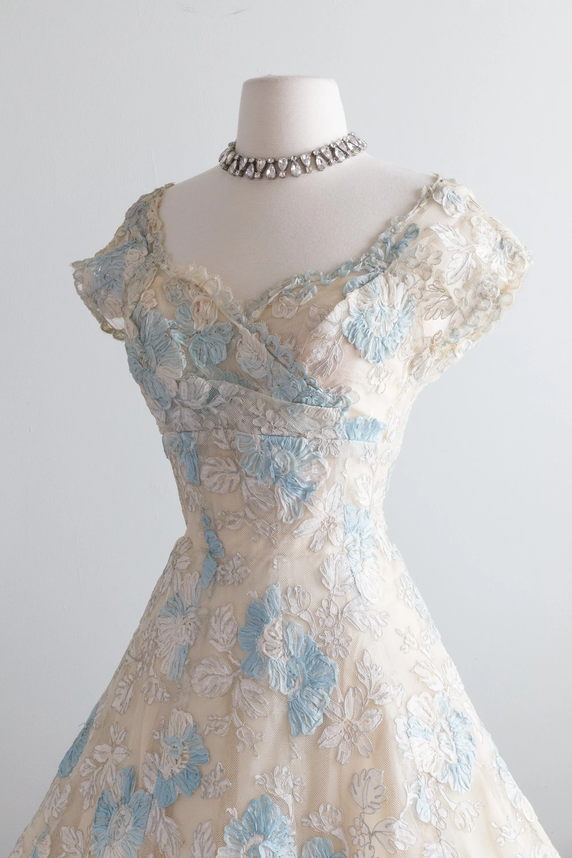 1950's Something Blue Ivory Lace Couture Cocktail Wedding Dress / Small