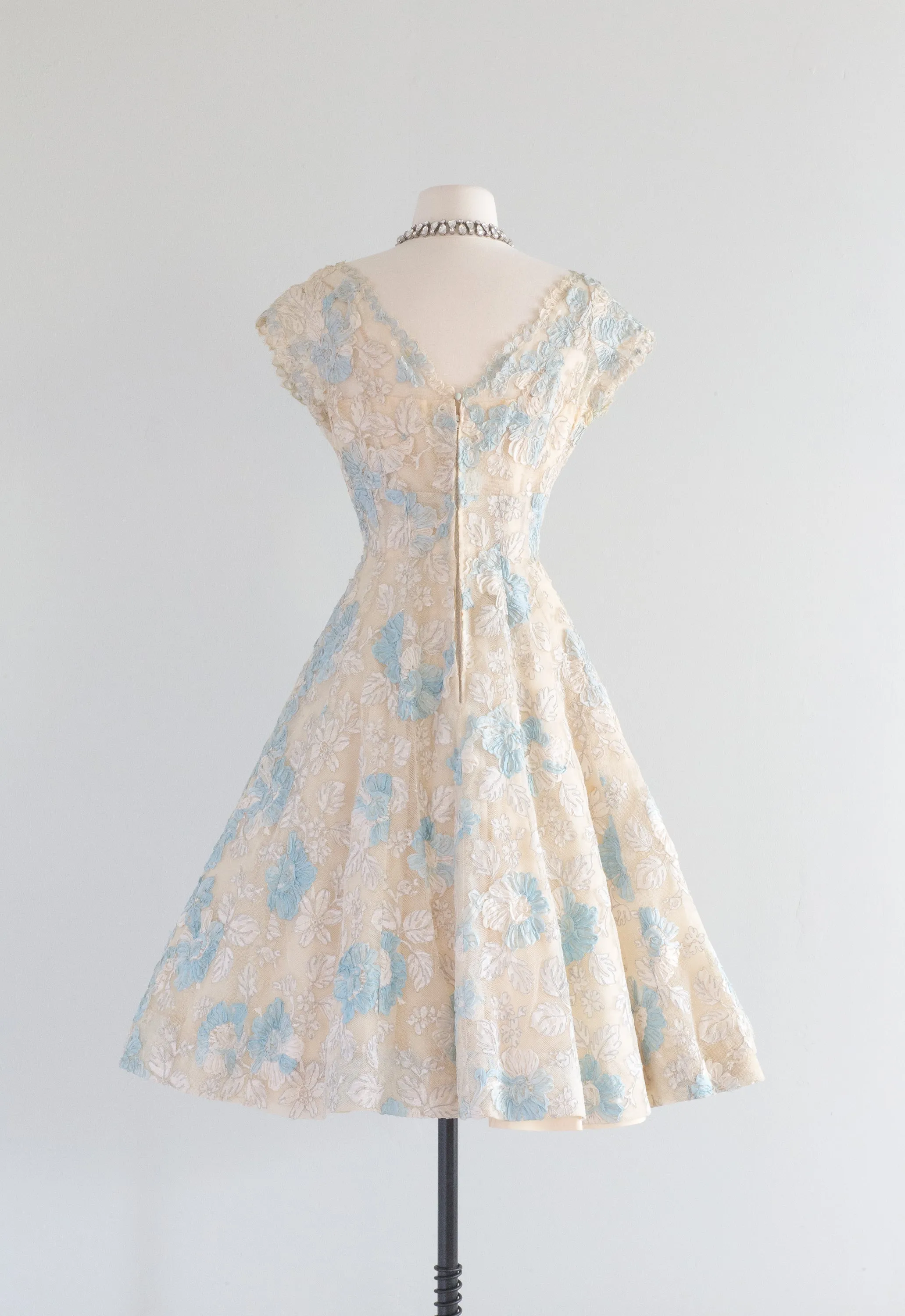 1950's Something Blue Ivory Lace Couture Cocktail Wedding Dress / Small