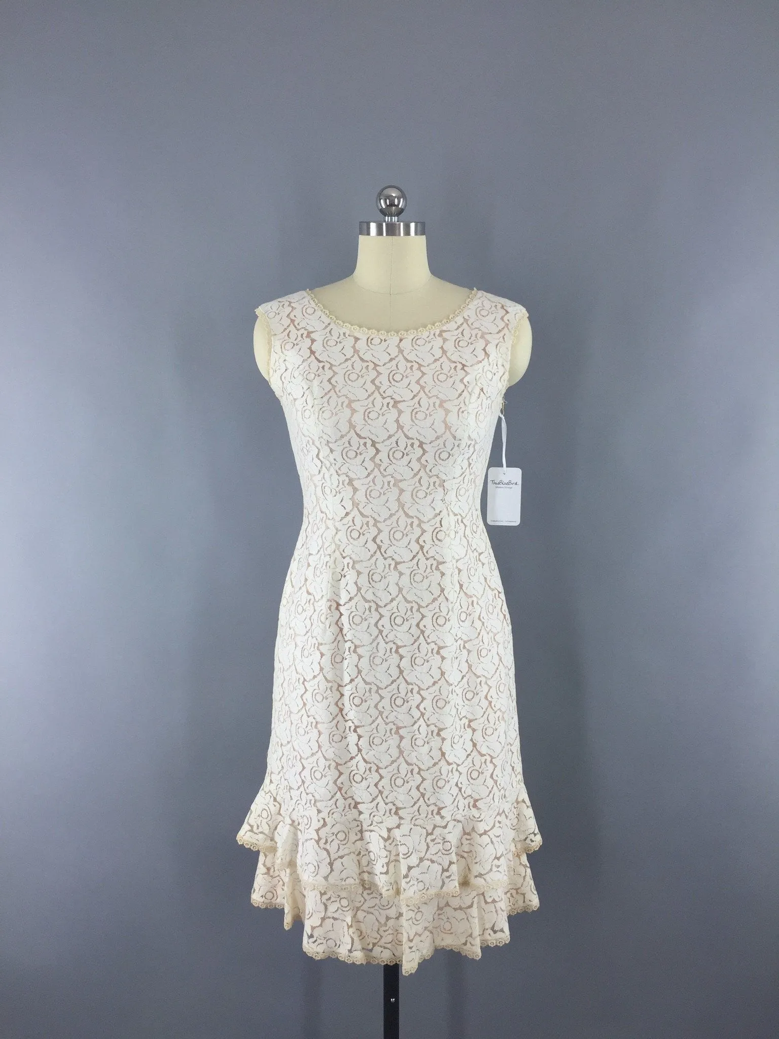 1950s Vintage Ivory Blush Lace Illusion Dress
