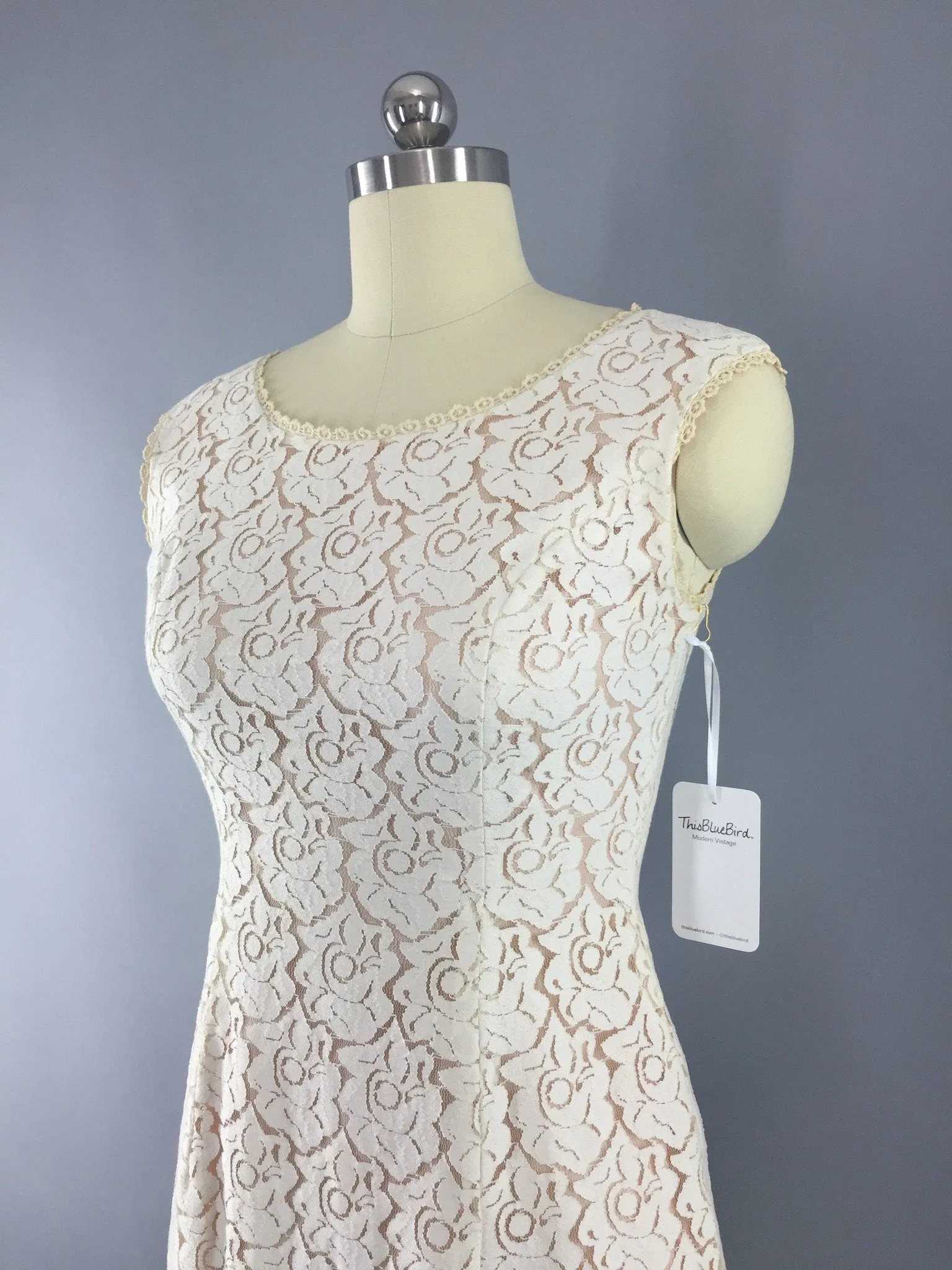 1950s Vintage Ivory Blush Lace Illusion Dress