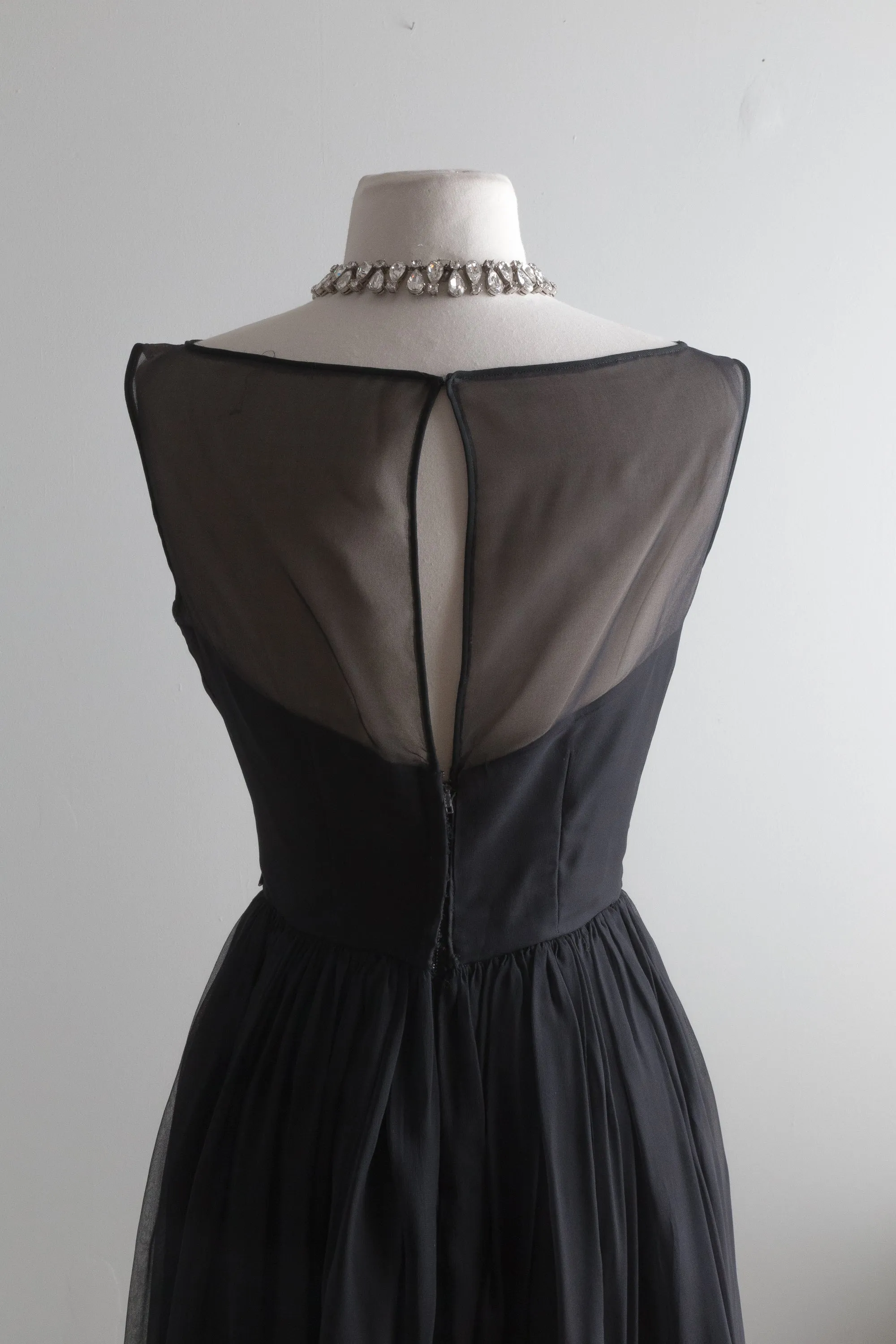1960's Audrey Hepburn Little Black Chiffon Cocktail Dress / XS