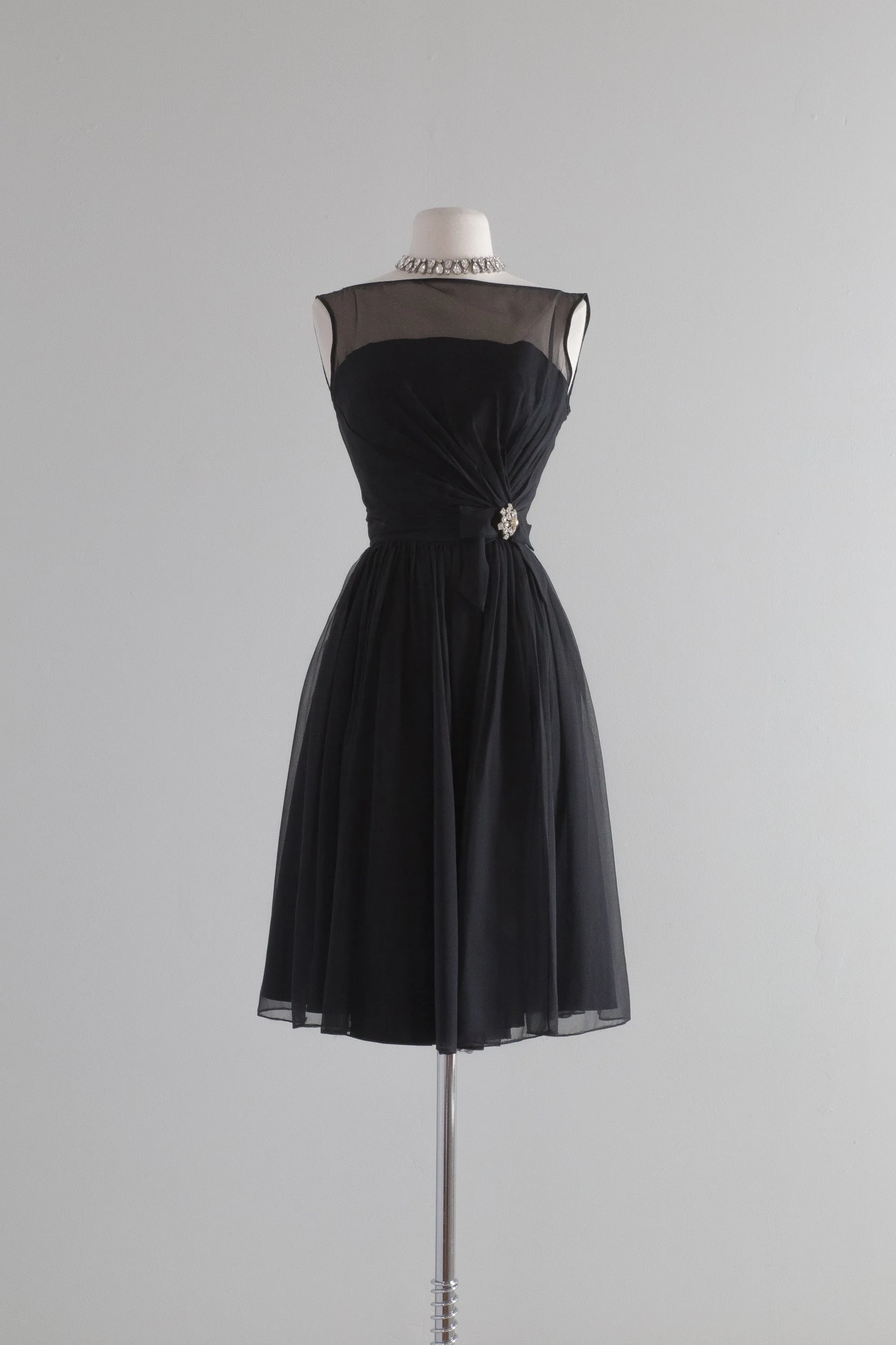 1960's Audrey Hepburn Little Black Chiffon Cocktail Dress / XS
