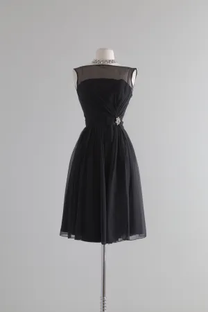 1960's Audrey Hepburn Little Black Chiffon Cocktail Dress / XS
