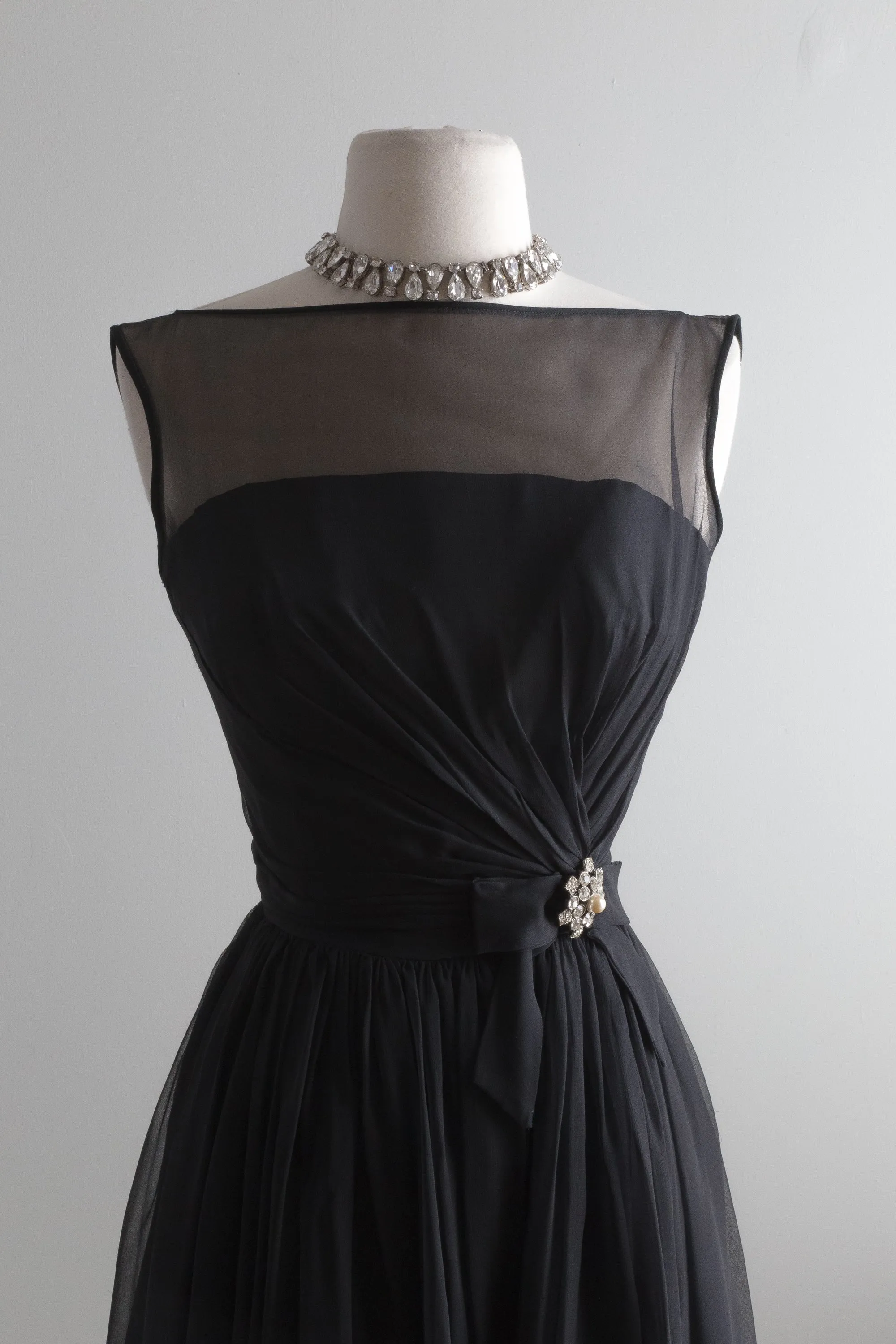 1960's Audrey Hepburn Little Black Chiffon Cocktail Dress / XS