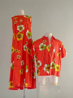 1960's Hawaiian Print Cotton His & Hers Shirt and Dress Set / Sz M/L