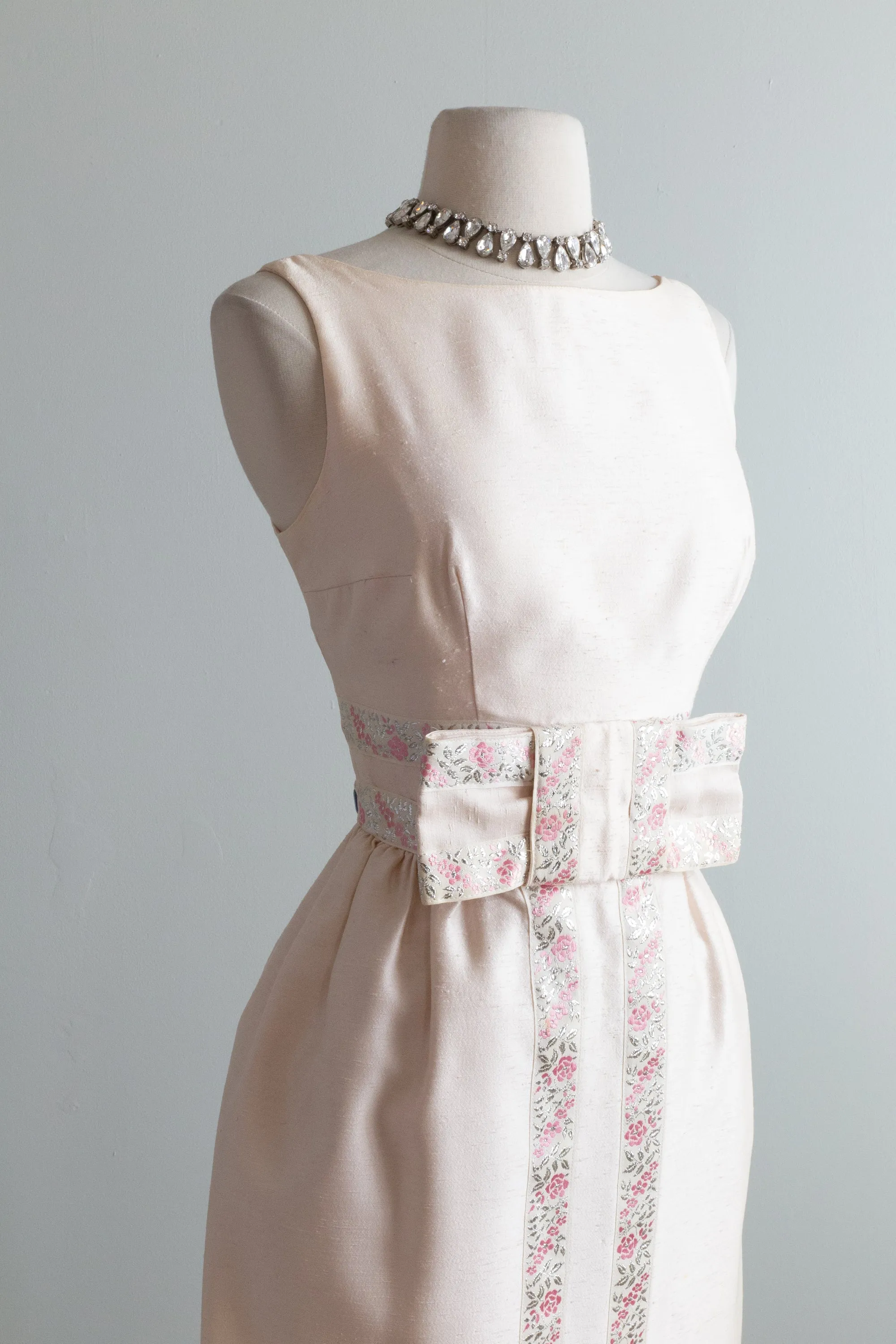 1960's Little Pink Cocktail Dress With Silver Trim And Bow / XS
