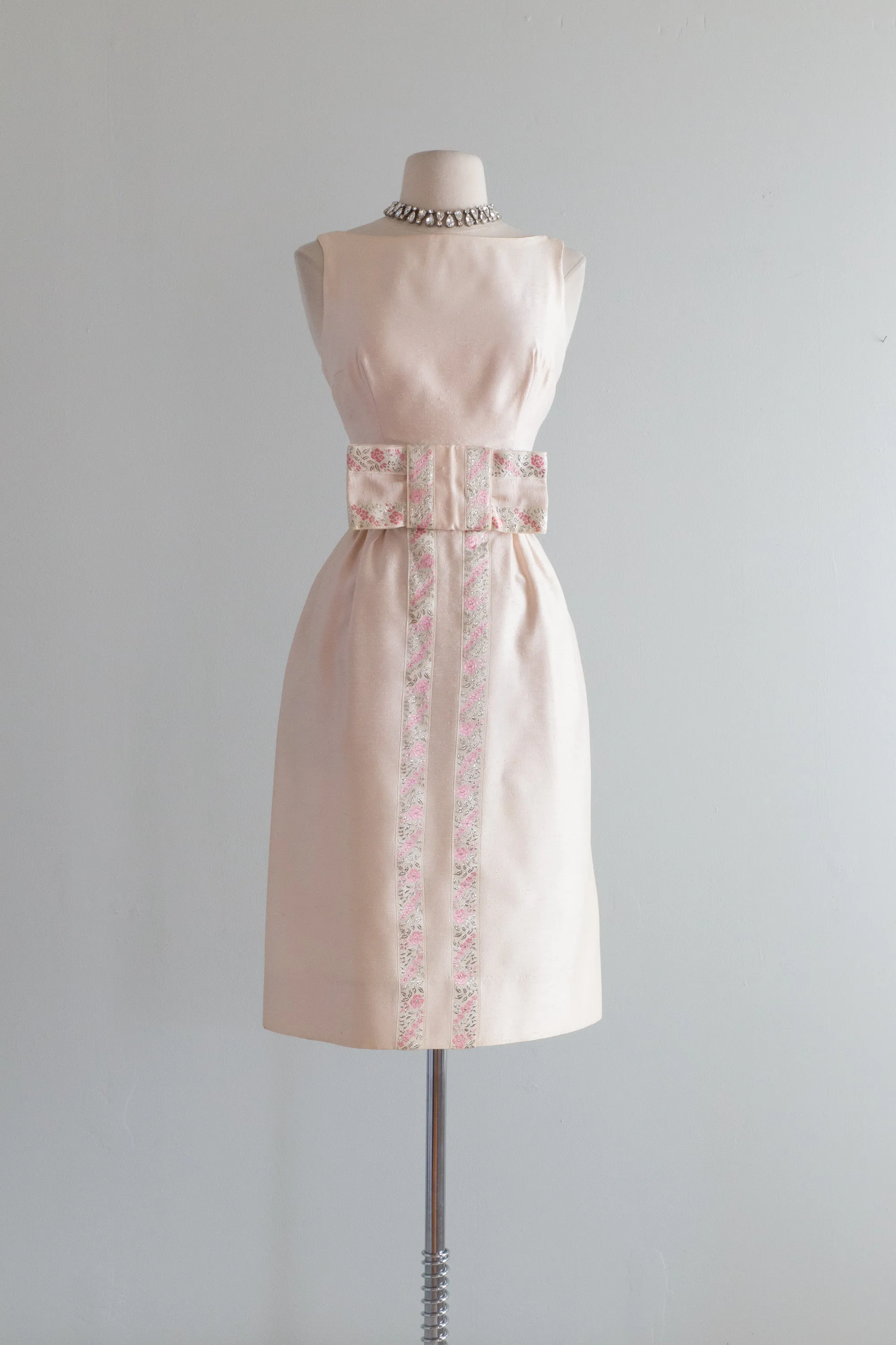 1960's Little Pink Cocktail Dress With Silver Trim And Bow / XS