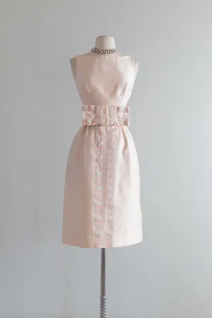 1960's Little Pink Cocktail Dress With Silver Trim And Bow / XS