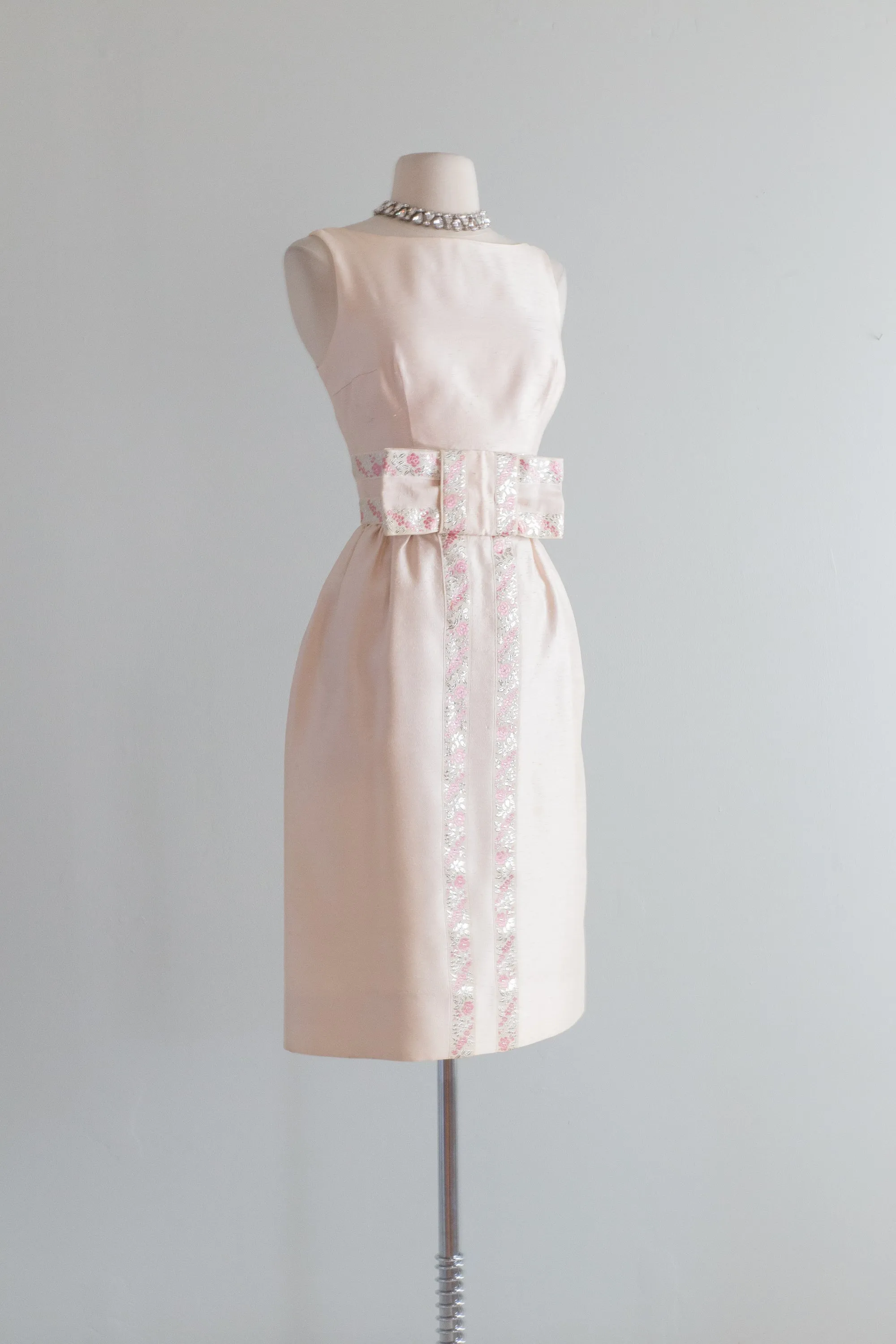 1960's Little Pink Cocktail Dress With Silver Trim And Bow / XS