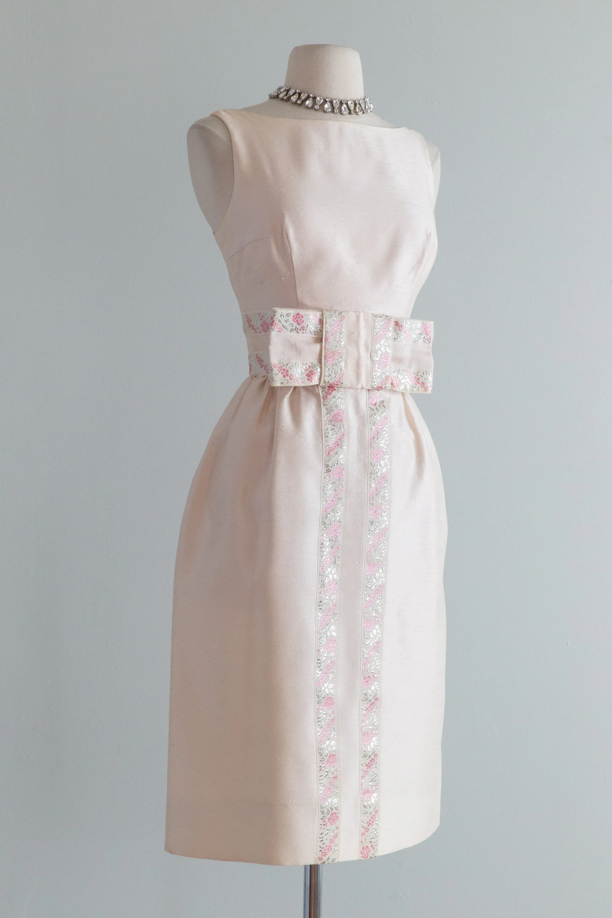 1960's Little Pink Cocktail Dress With Silver Trim And Bow / XS