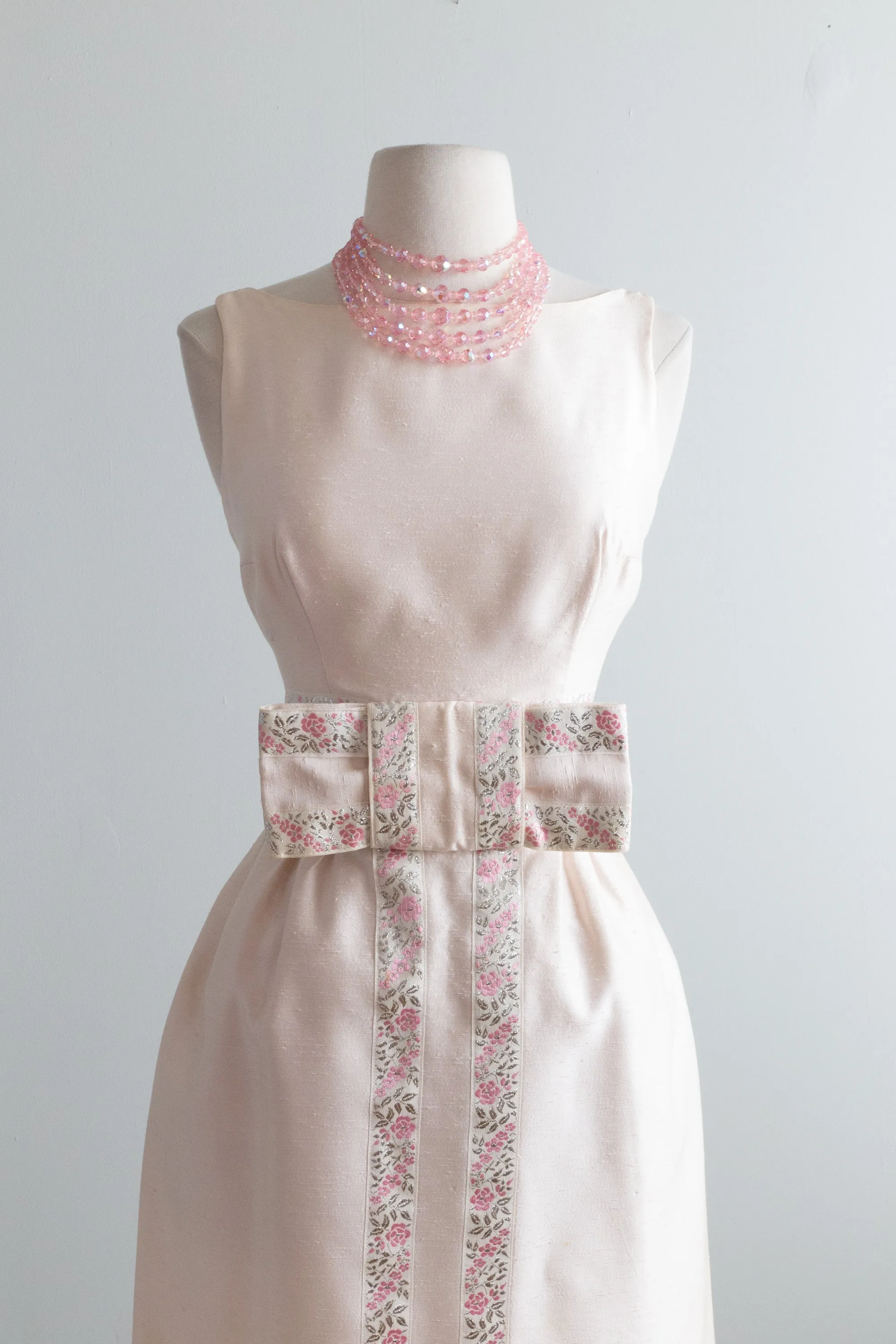 1960's Little Pink Cocktail Dress With Silver Trim And Bow / XS