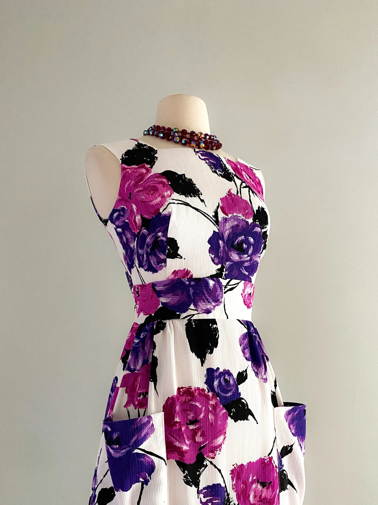 1960's Purple Rose Floral Cotton Maxi Dress / Sz XS