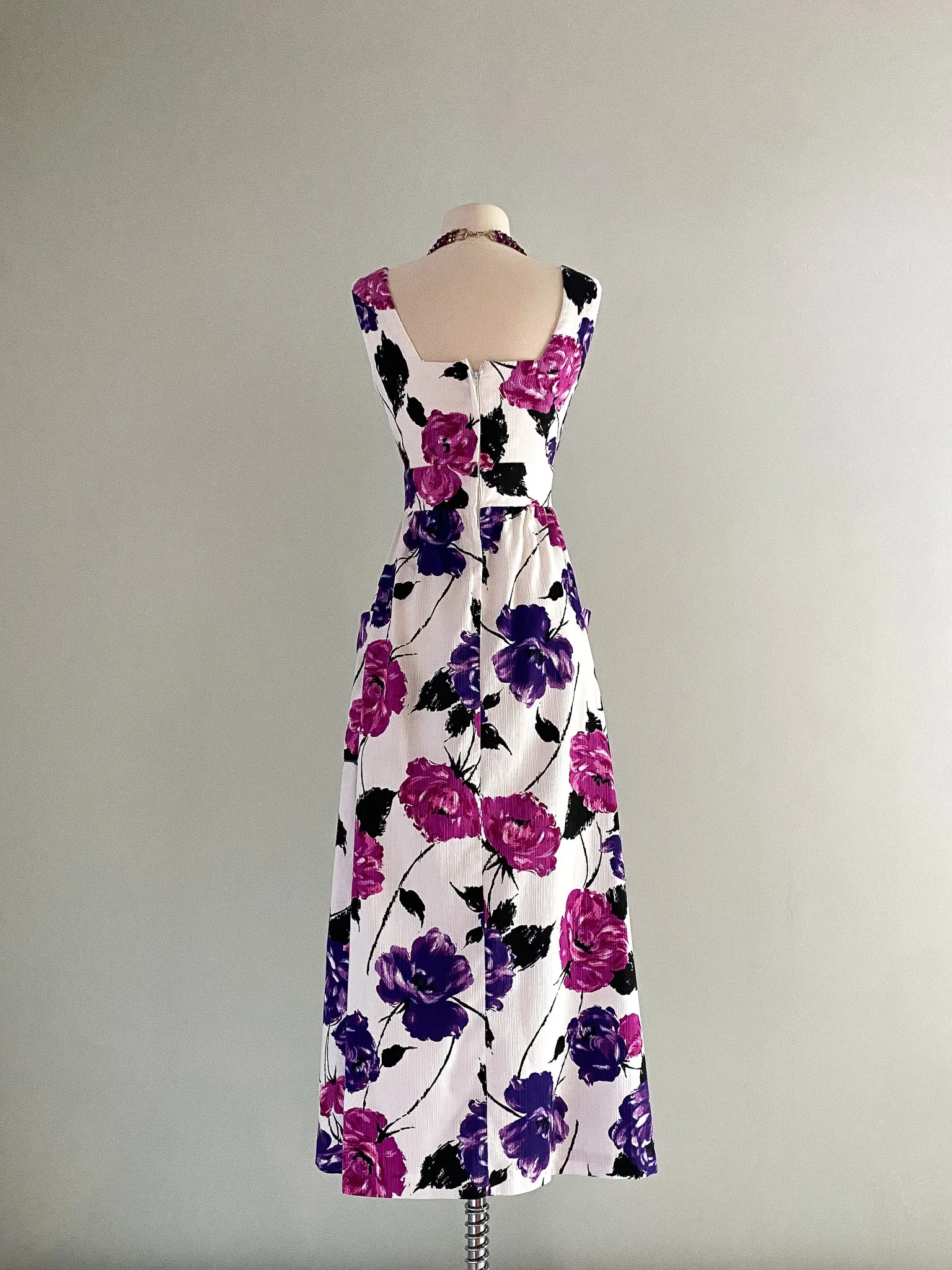 1960's Purple Rose Floral Cotton Maxi Dress / Sz XS