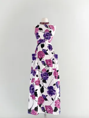 1960's Purple Rose Floral Cotton Maxi Dress / Sz XS