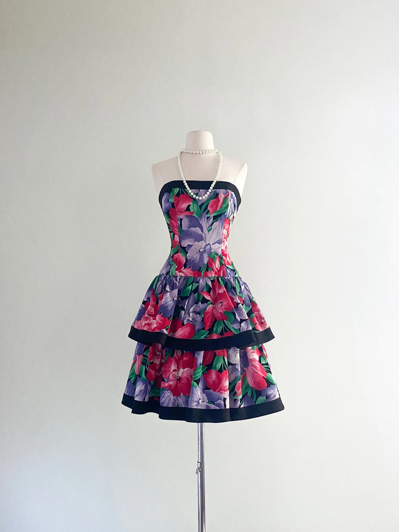 1980's AJ Bari Floral Print Cotton Party Dress / Sz S