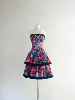 1980's AJ Bari Floral Print Cotton Party Dress / Sz S