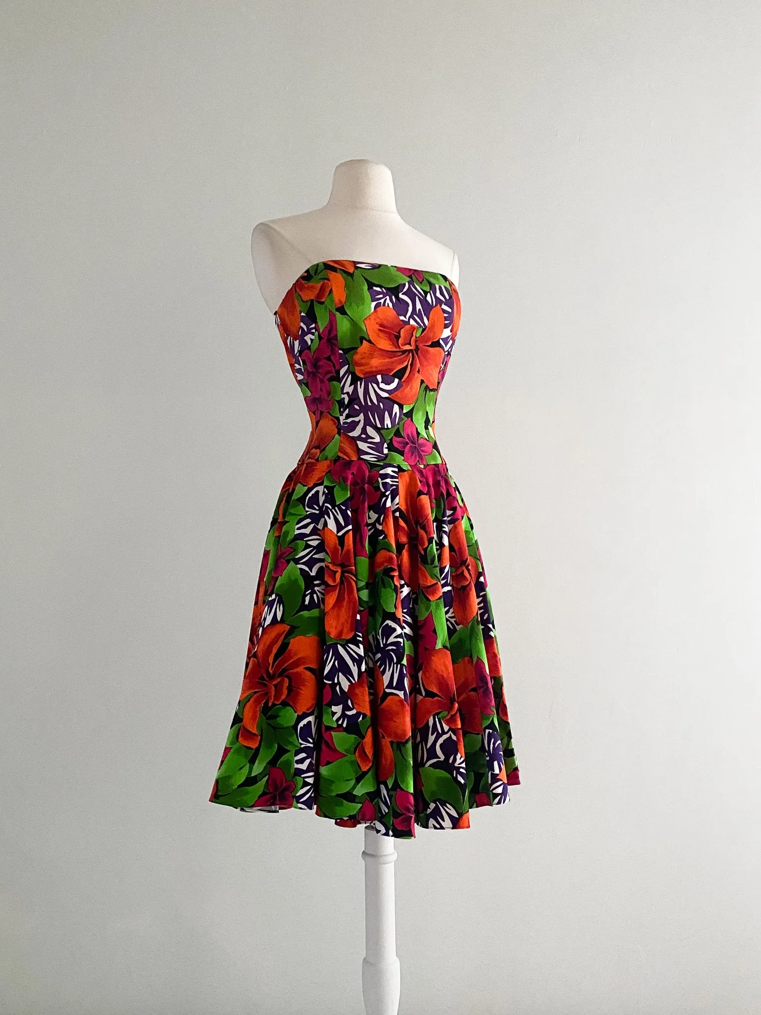 1980's AJ Bari Tropical Floral Print Cotton Party Dress / Sz S