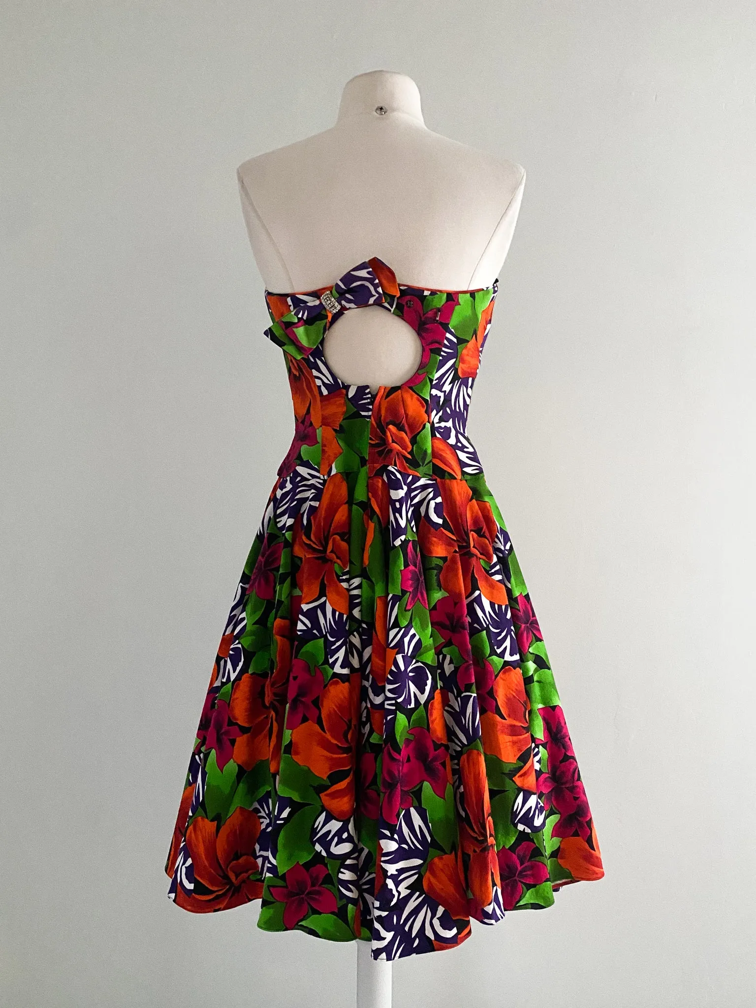 1980's AJ Bari Tropical Floral Print Cotton Party Dress / Sz S