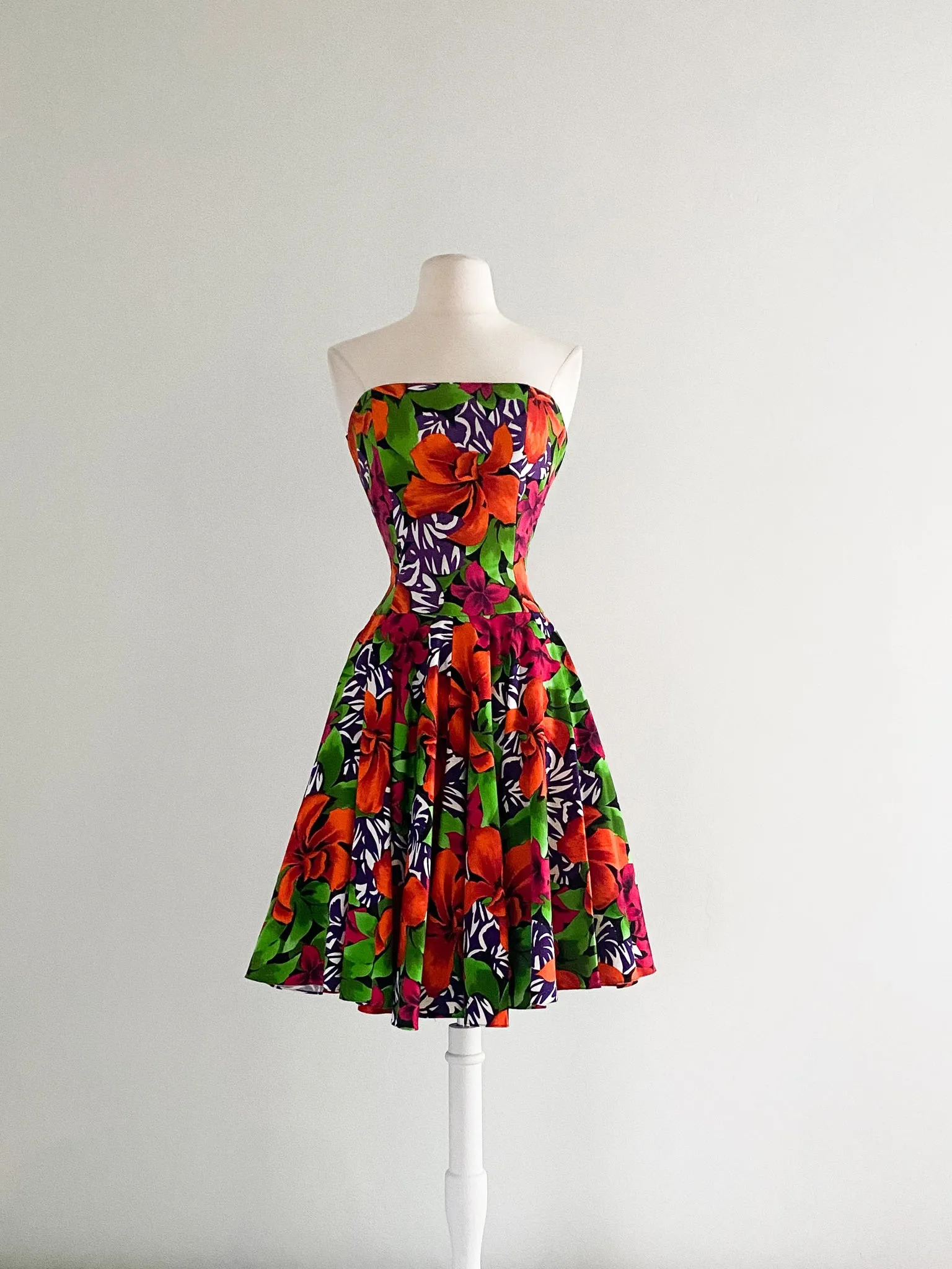 1980's AJ Bari Tropical Floral Print Cotton Party Dress / Sz S