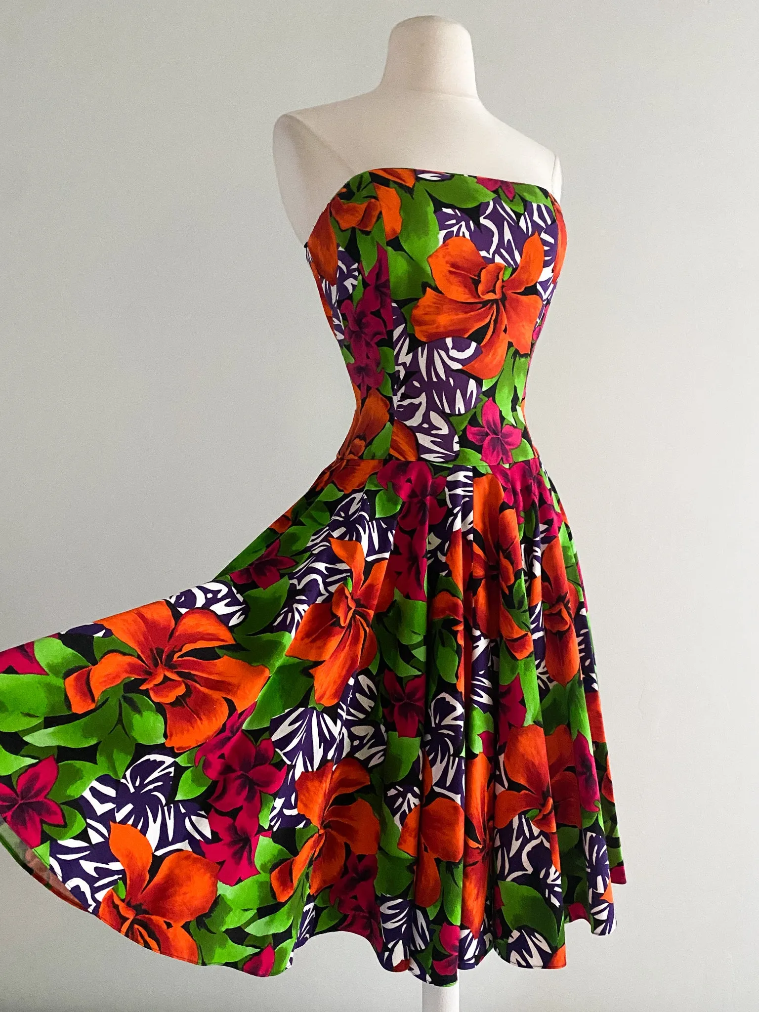 1980's AJ Bari Tropical Floral Print Cotton Party Dress / Sz S