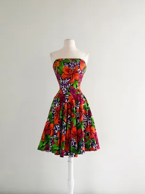 1980's AJ Bari Tropical Floral Print Cotton Party Dress / Sz S