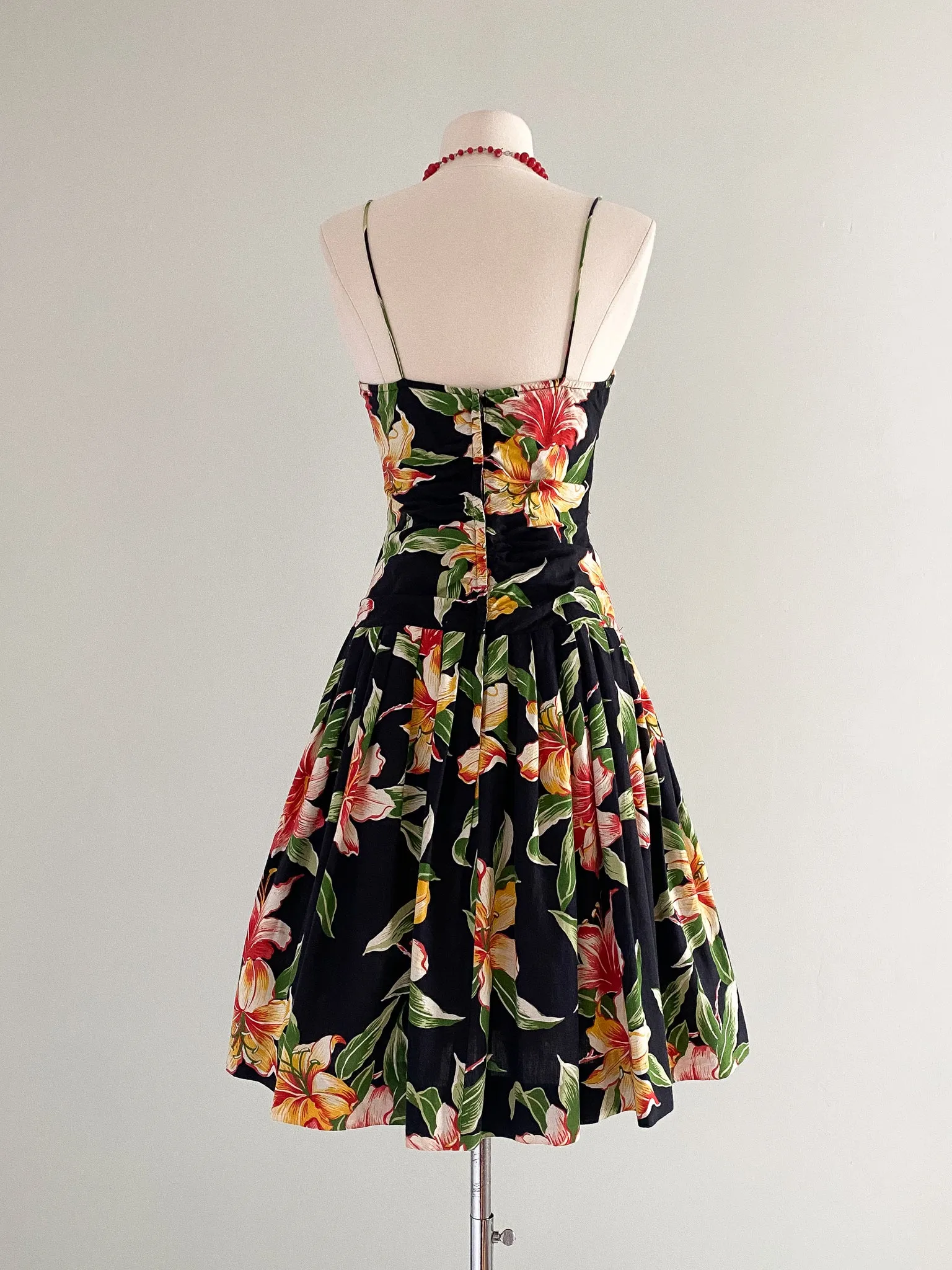 1980's Sue Wong Hawaiian Hibiscus Cotton Party Dress / Sz M