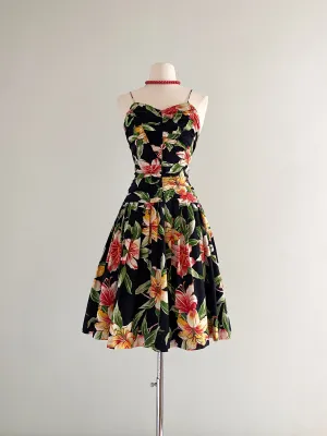 1980's Sue Wong Hawaiian Hibiscus Cotton Party Dress / Sz M