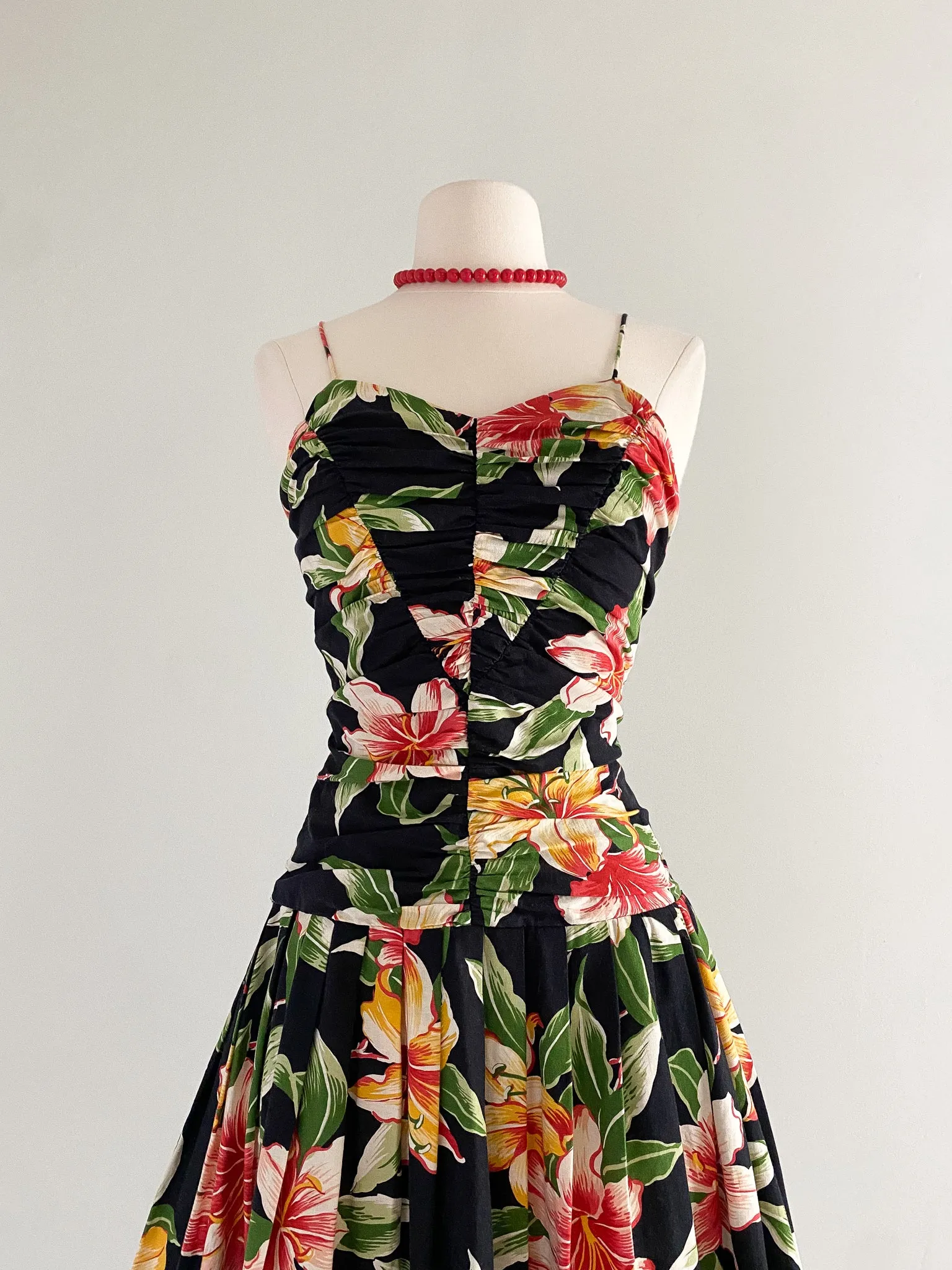 1980's Sue Wong Hawaiian Hibiscus Cotton Party Dress / Sz M