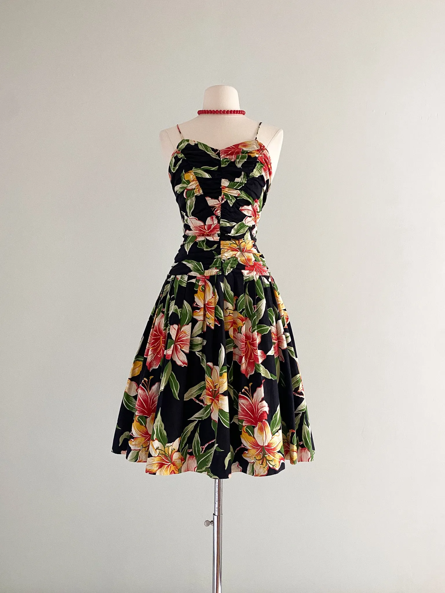 1980's Sue Wong Hawaiian Hibiscus Cotton Party Dress / Sz M