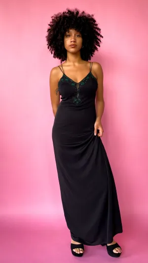 1990s Black and Teal Beaded Maxi Dress, sz. XS-L