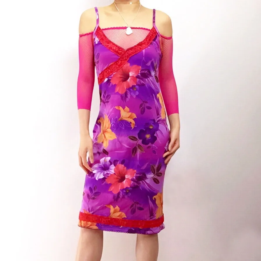 90s Y2K 00s PINK FLORAL LILIES LACE TRIM SLIP DRESS